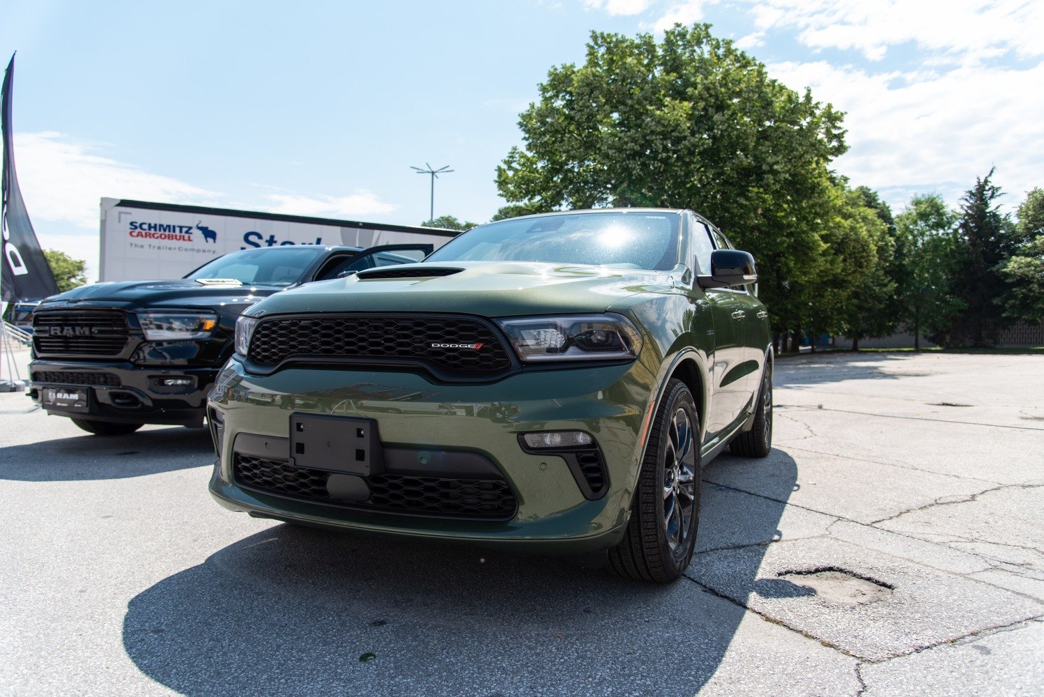 Front close-up of SUV with aggressive grille and hood scoop