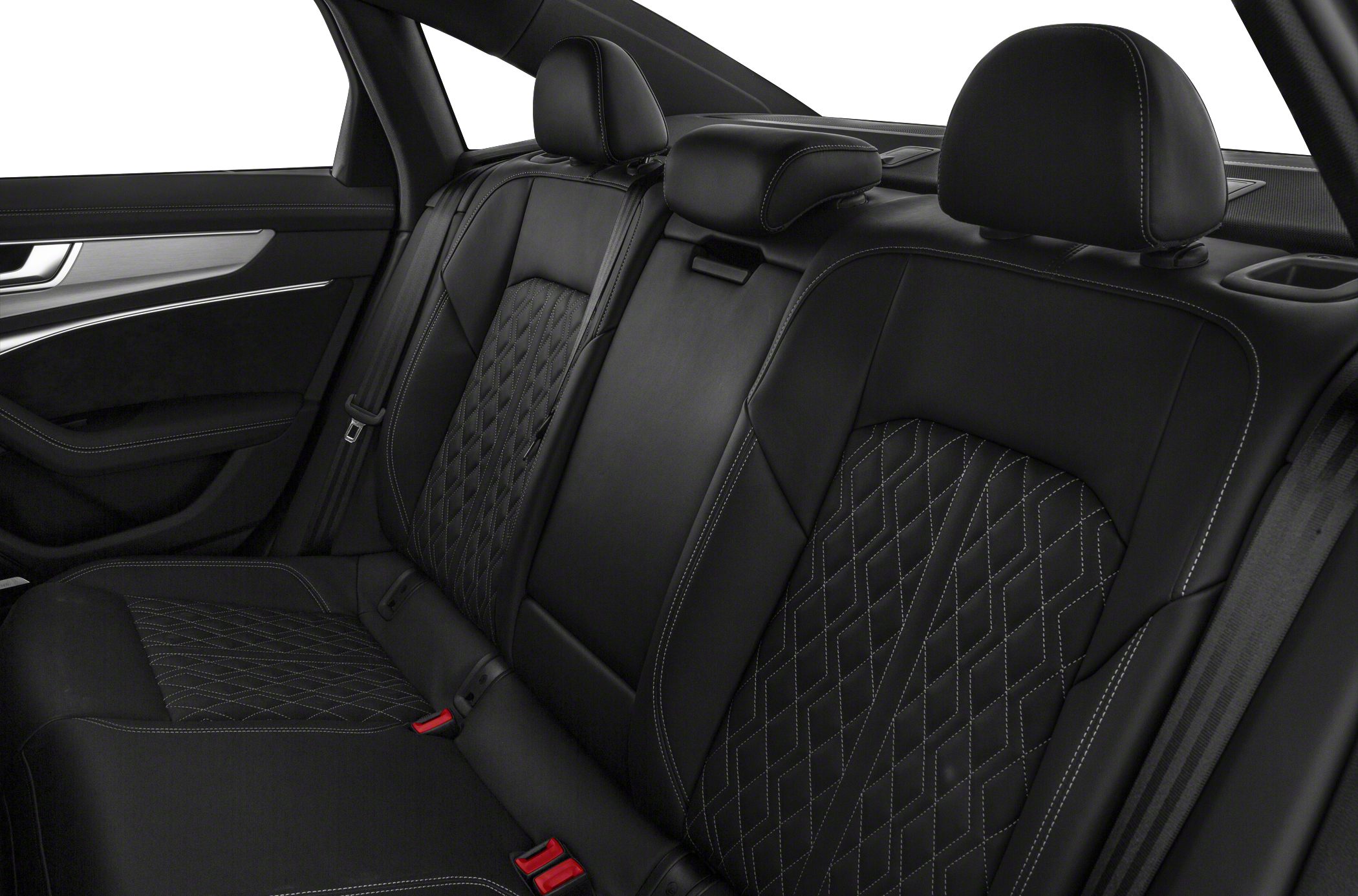 Black quilted leather rear seats with white stitching and headrests