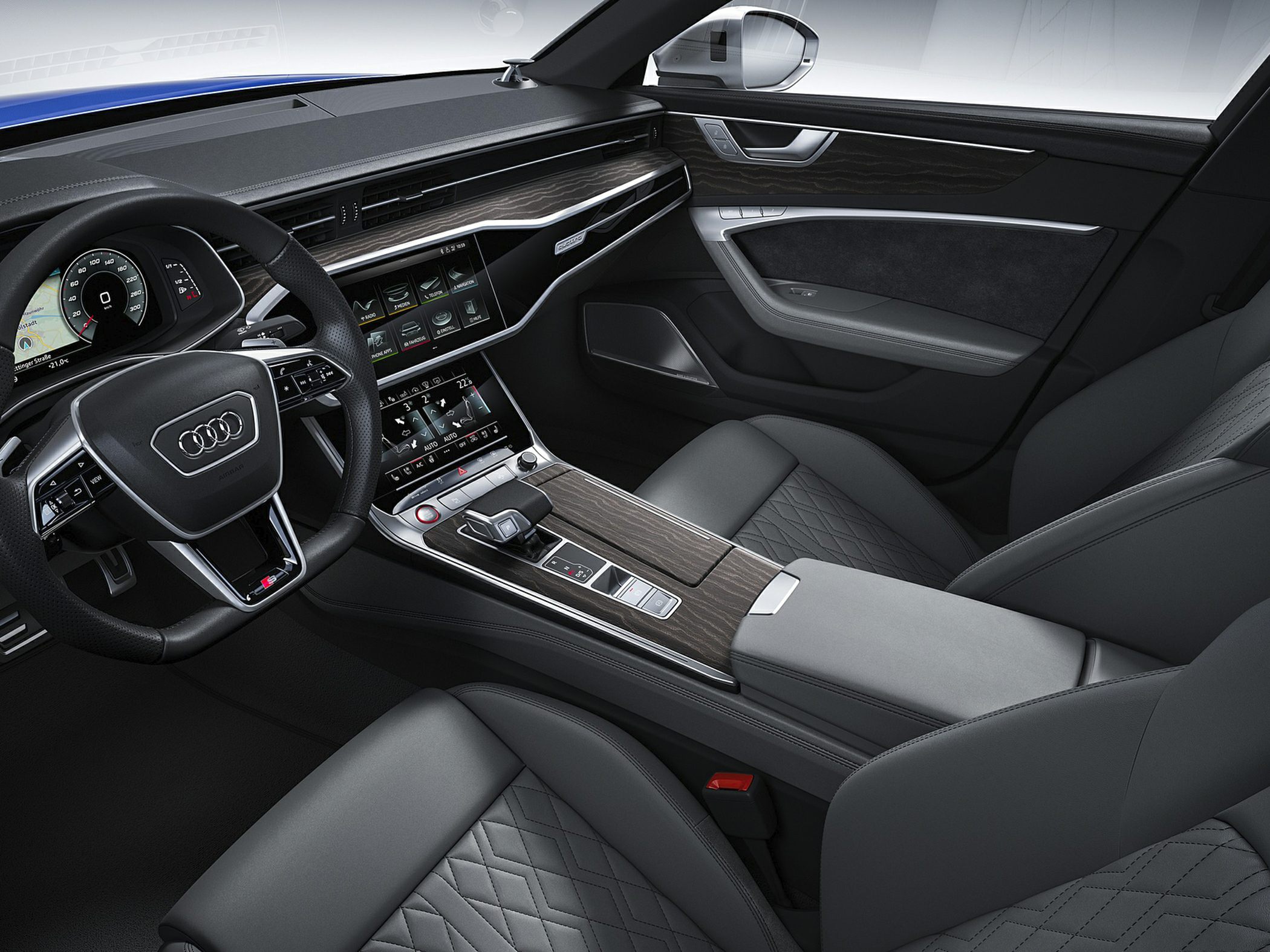 Luxury digital dashboard and wood-trimmed center console with leather seats