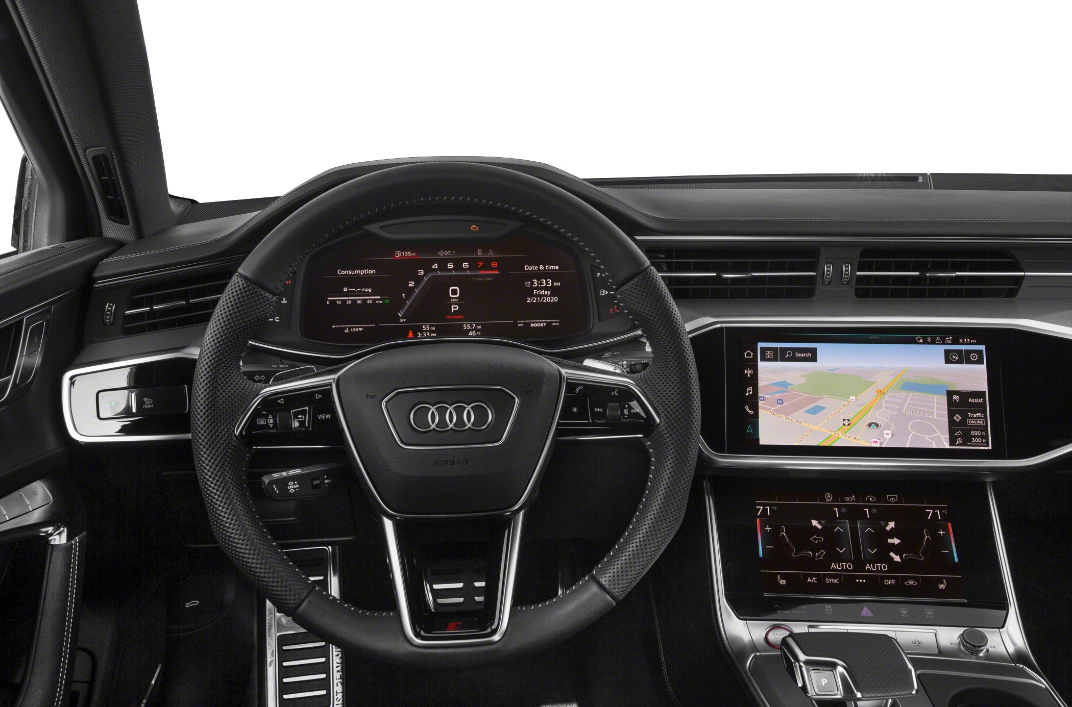 Digital instrument cluster and dual infotainment screens with multifunction steering wheel