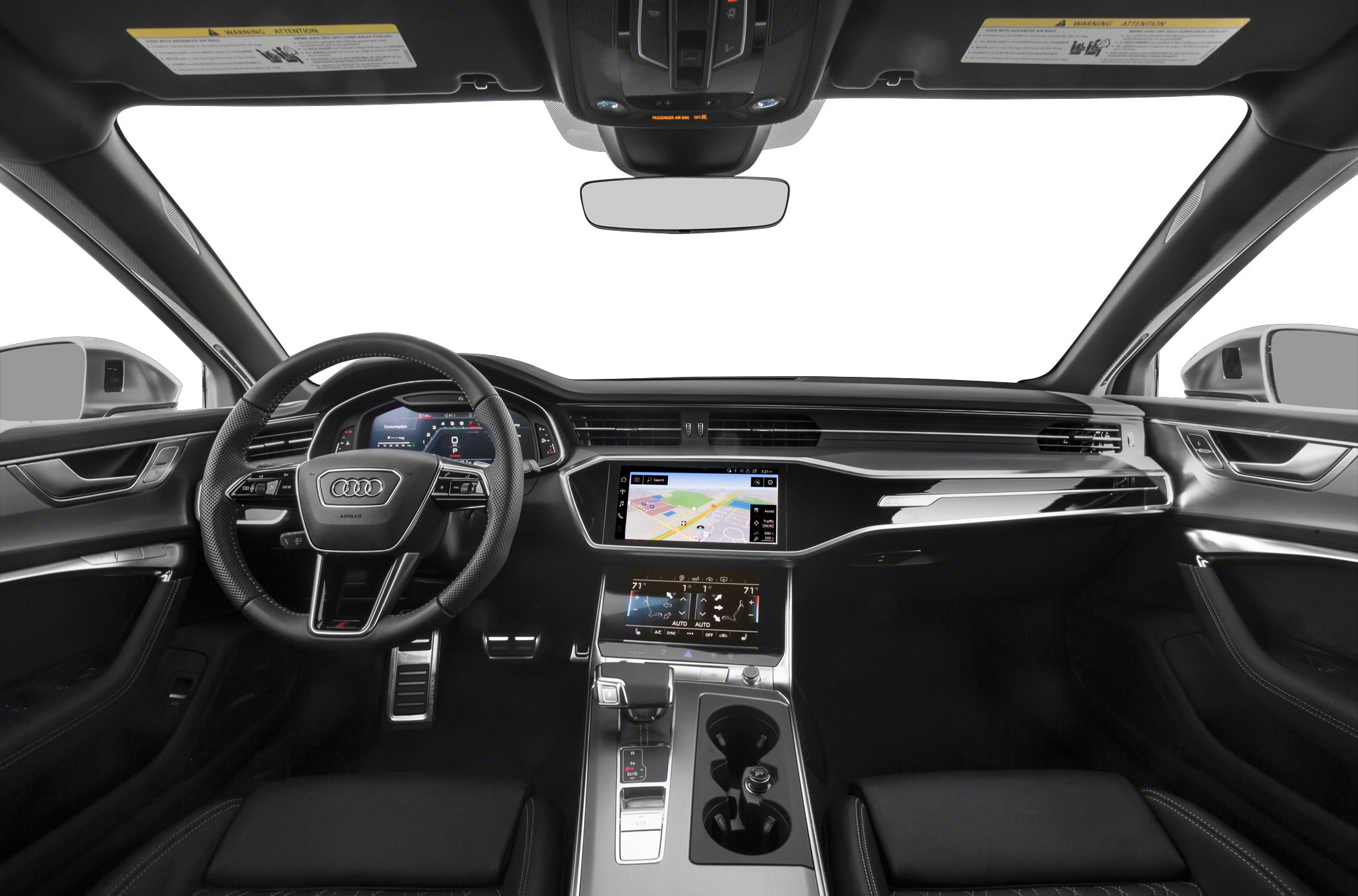 Digital dashboard and touchscreen infotainment in luxury car interior