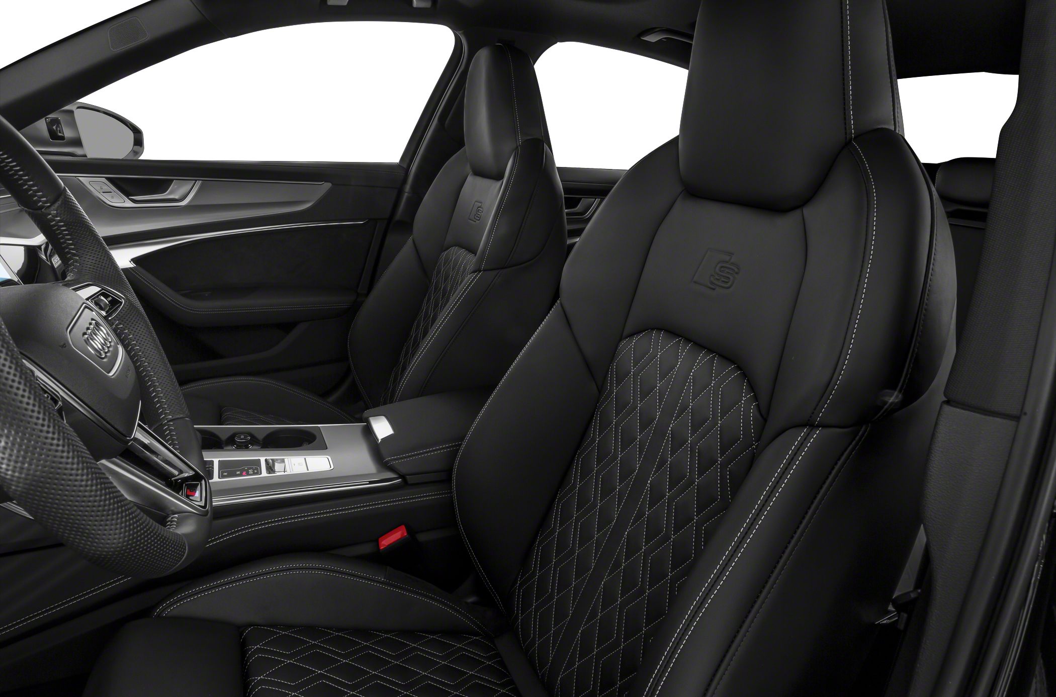Black quilted leather seats with luxury stitching and embossed logo.