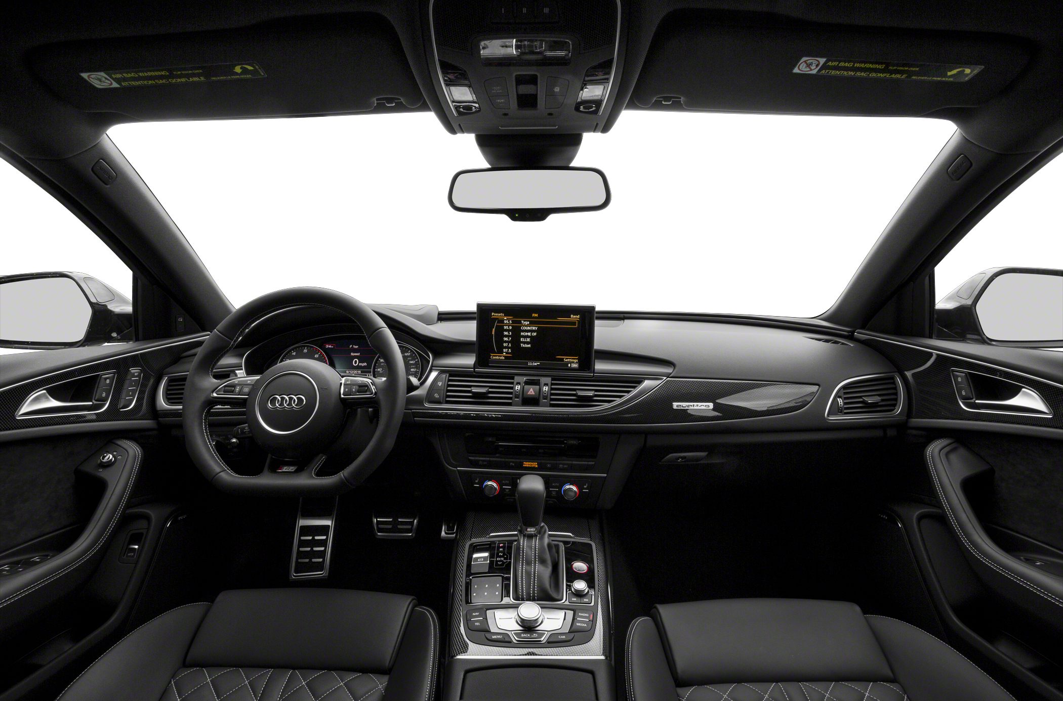 Luxury car interior, dashboard, steering wheel, infotainment system, center console
