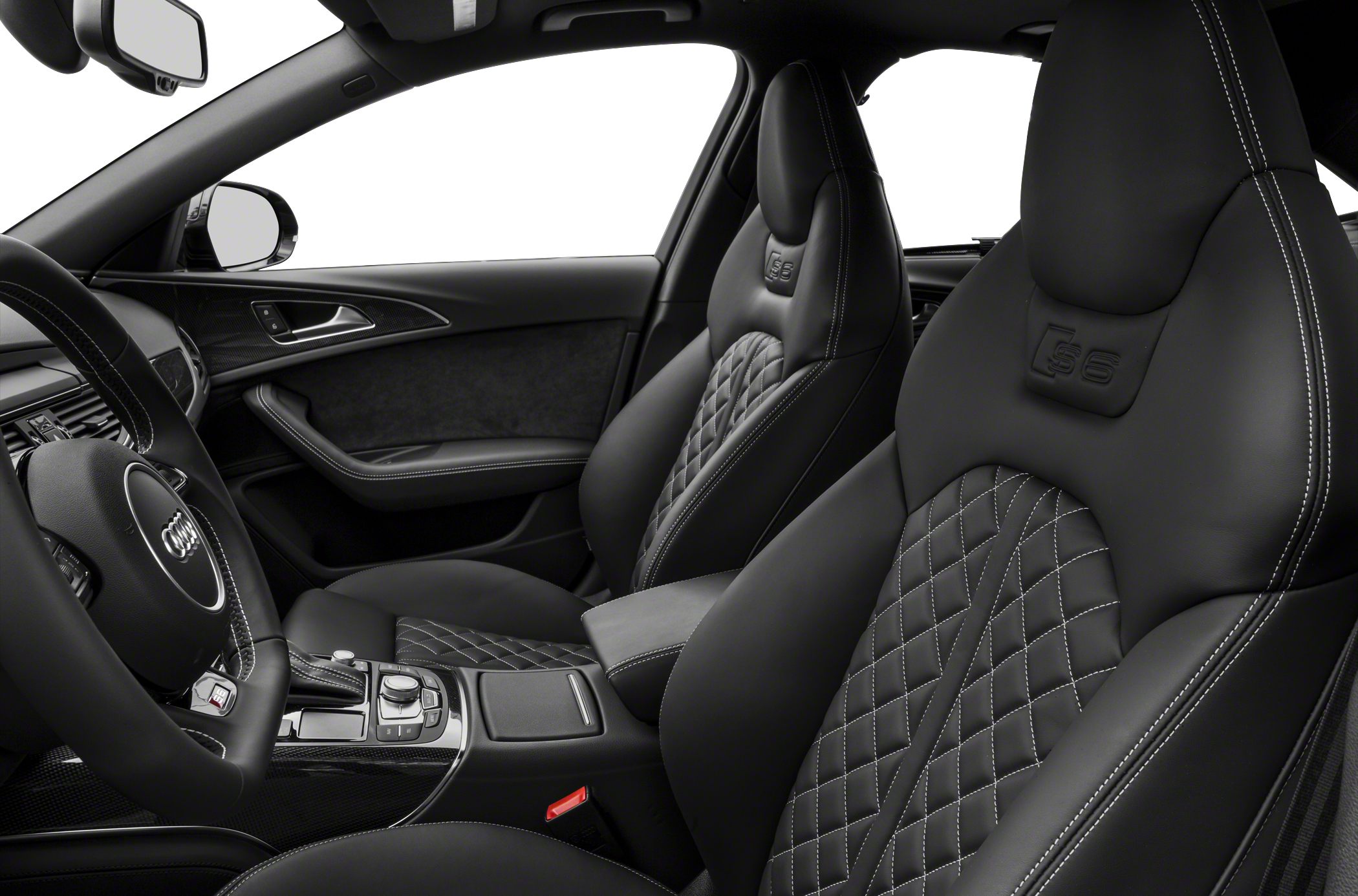 Luxury sport seats with diamond stitching and S6 embossed logo in black leather upholstery.