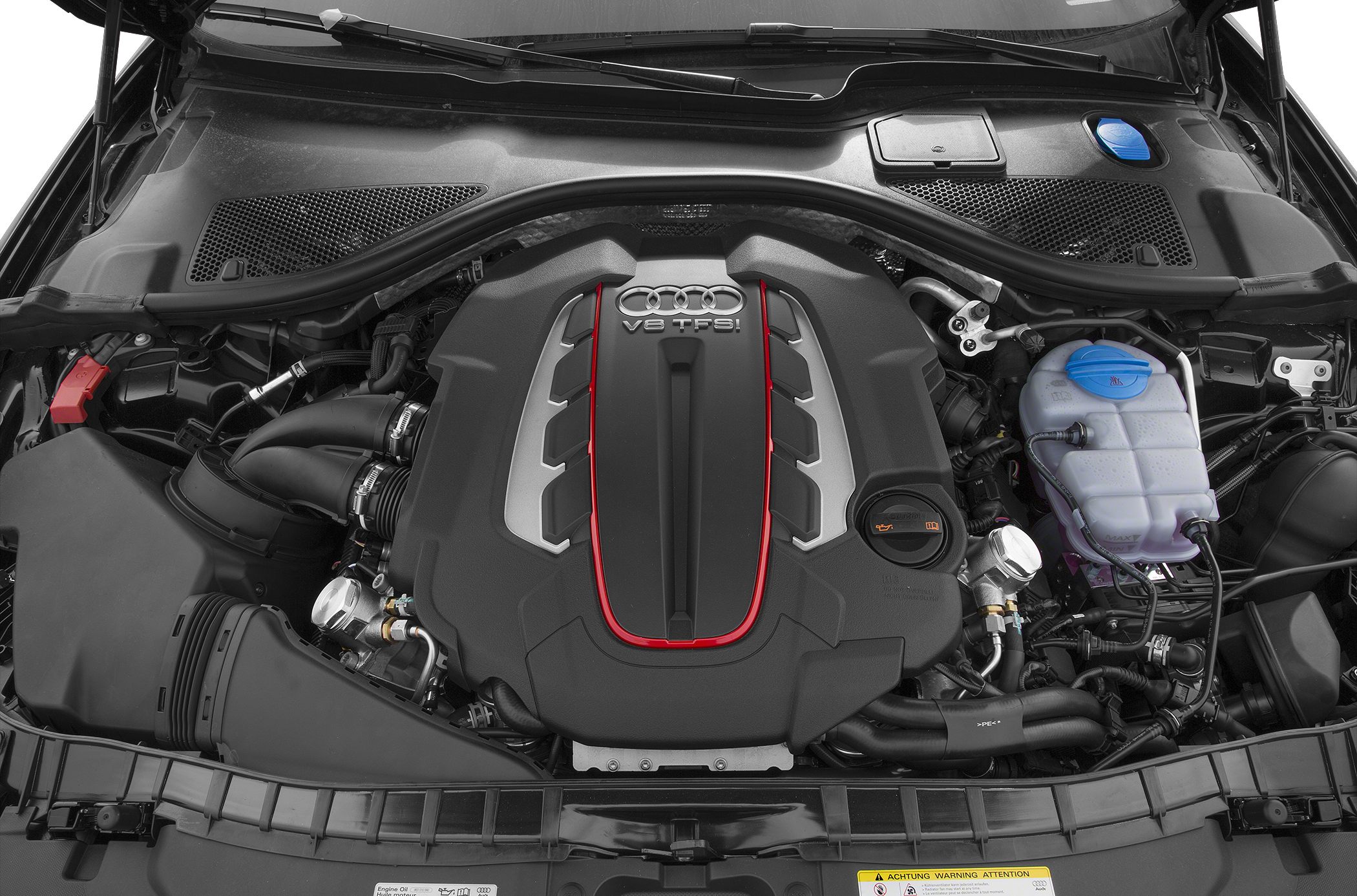 V8 TFSI engine with plastic engine cover and fluid reservoir.
