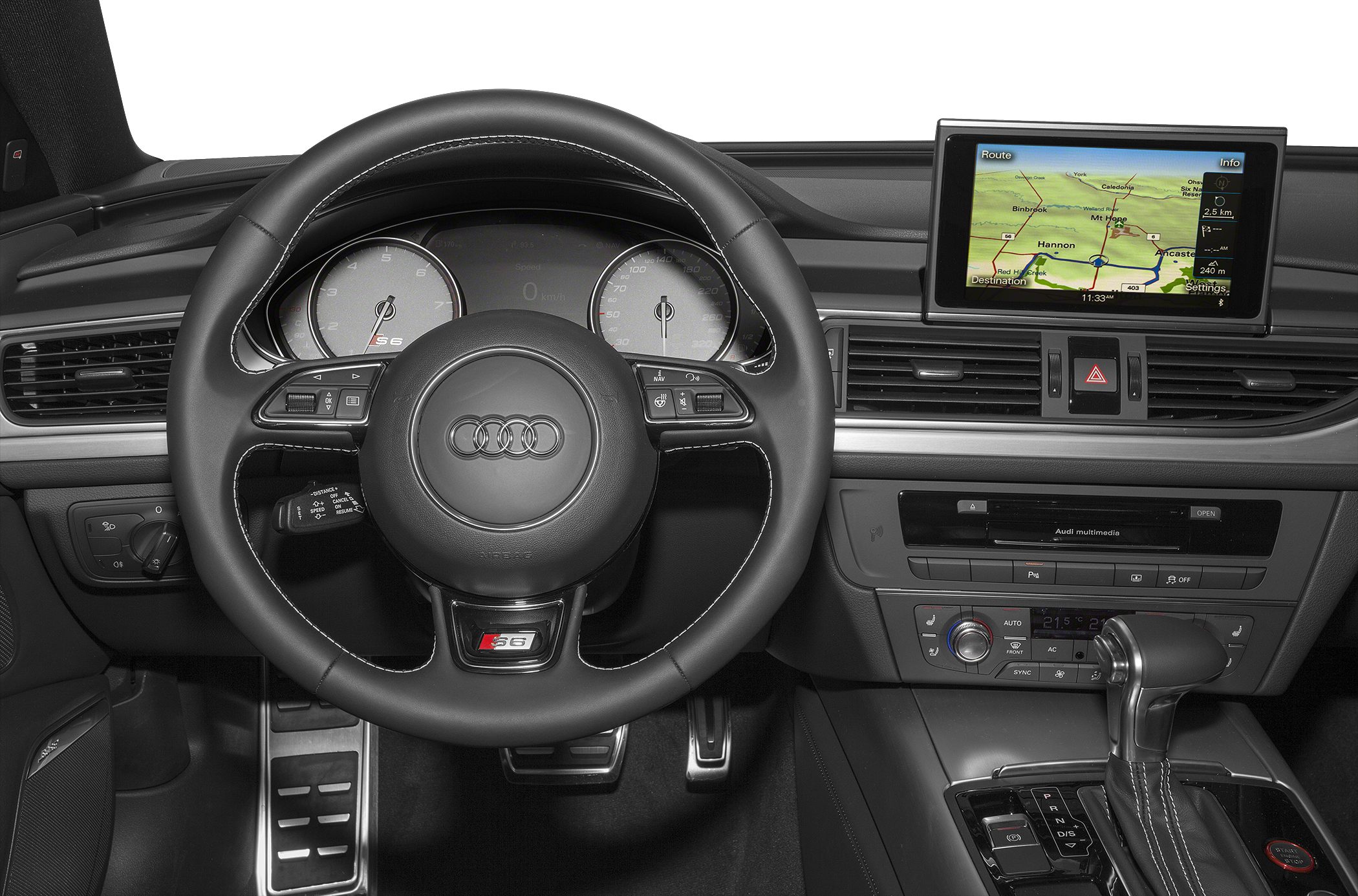Multifunction steering wheel and digital navigation display in car interior