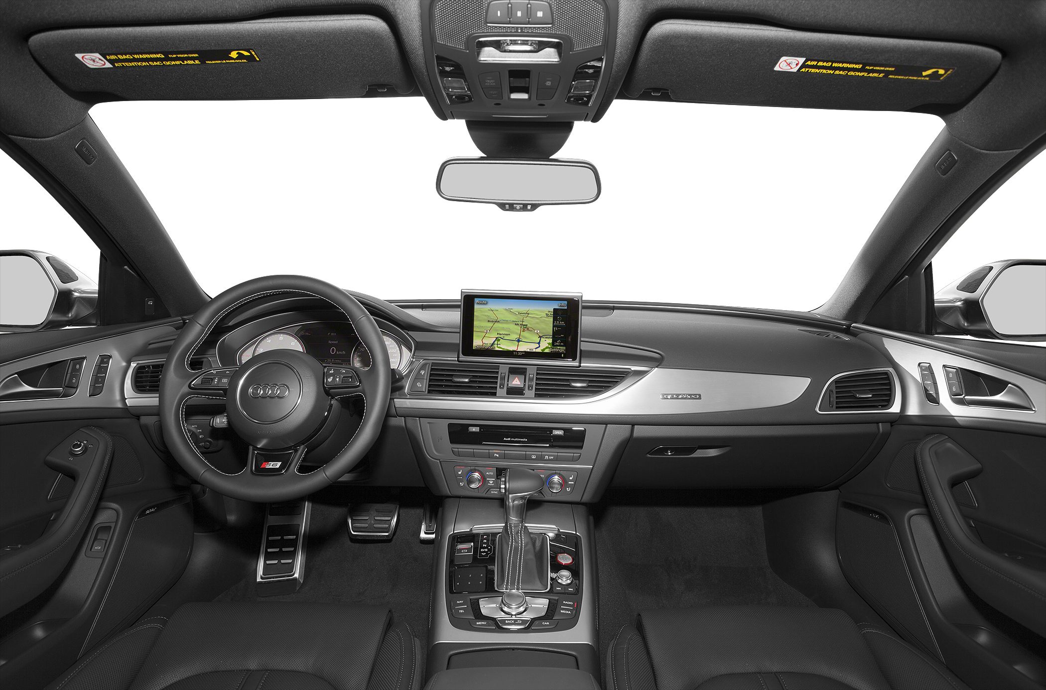 Car interior with dashboard, steering wheel, and navigation system