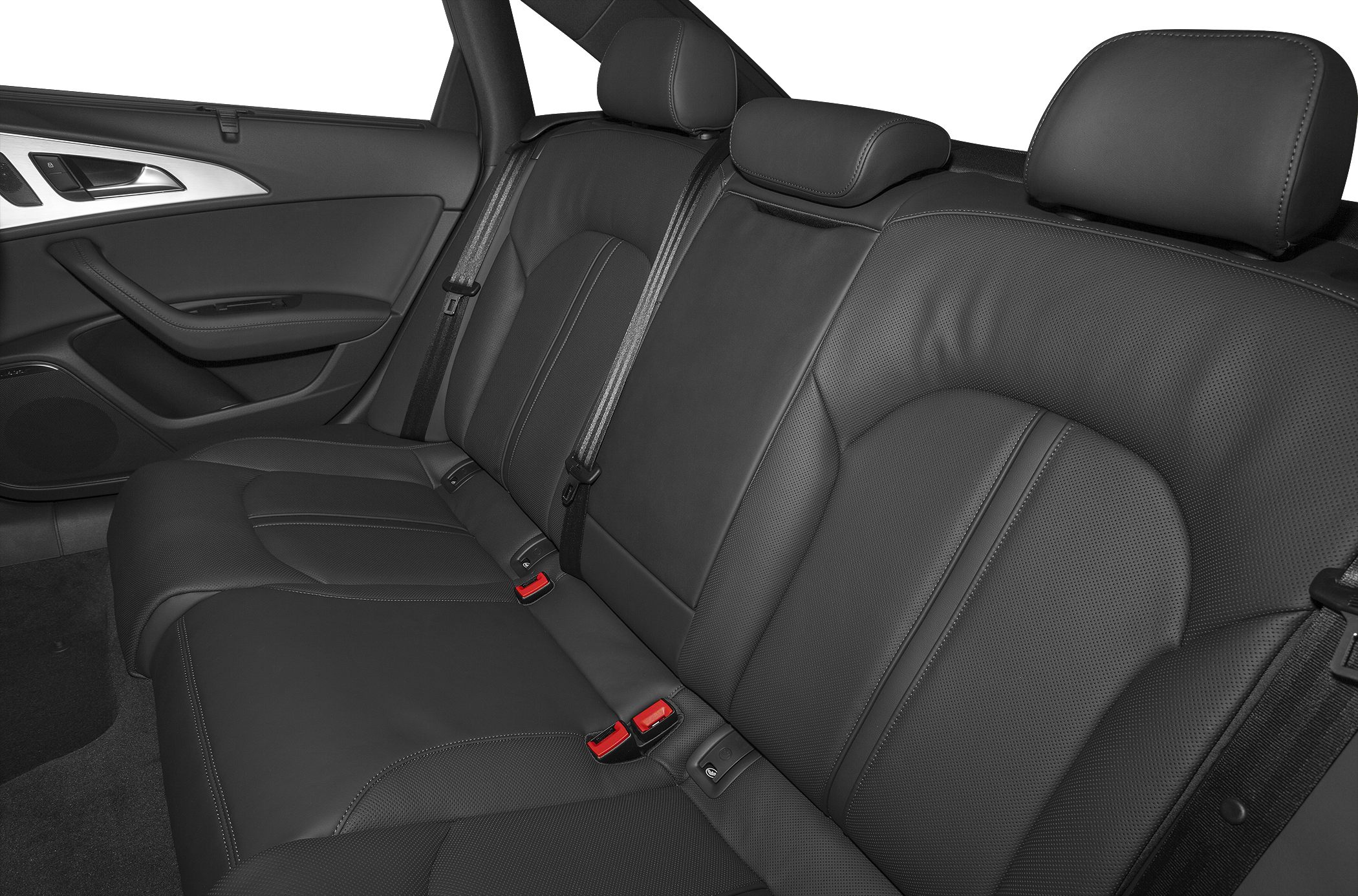 Rear seat interior with black premium leather upholstery and seatbelts.
