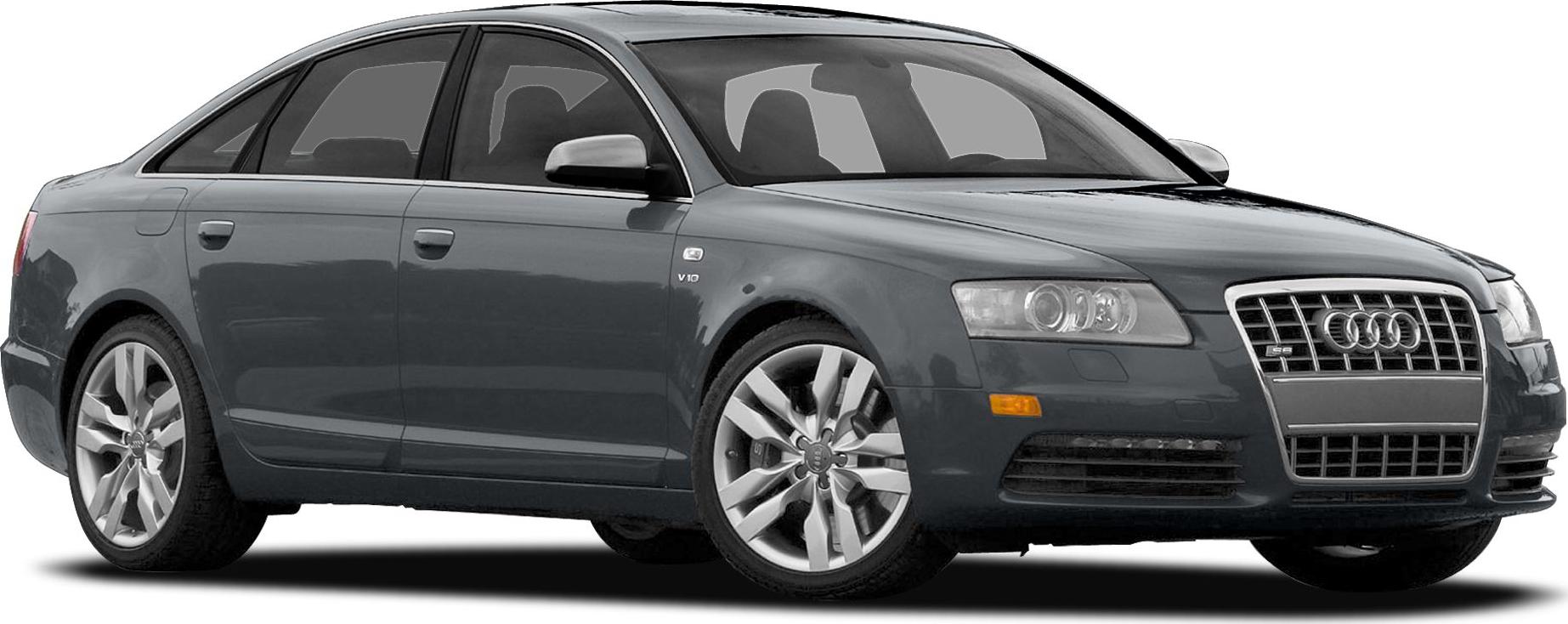 Front side view of a sedan with V10 badge and alloy wheels