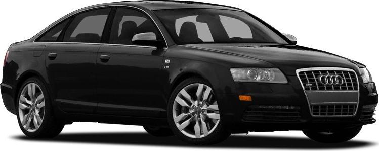 Black sedan with V10 badge, alloy wheels, and distinctive front grille.