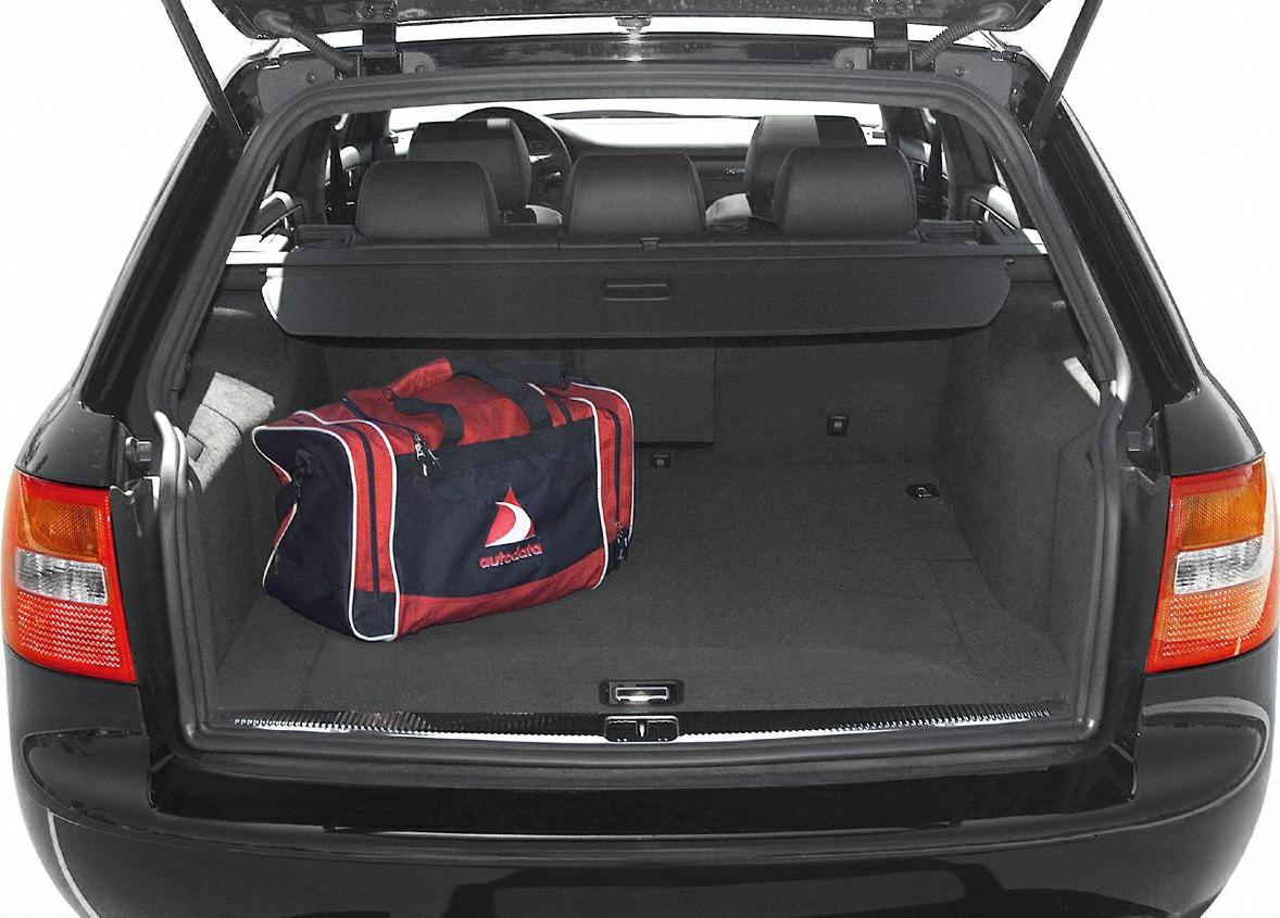 Open tailgate and spacious rear cargo area with a bag inside.