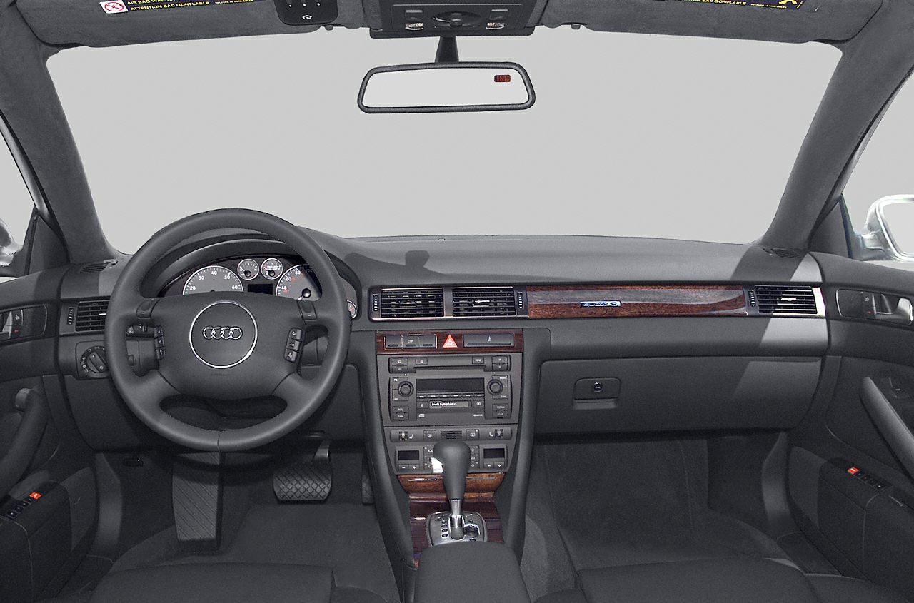 Dashboard and steering wheel with wood trim and central console