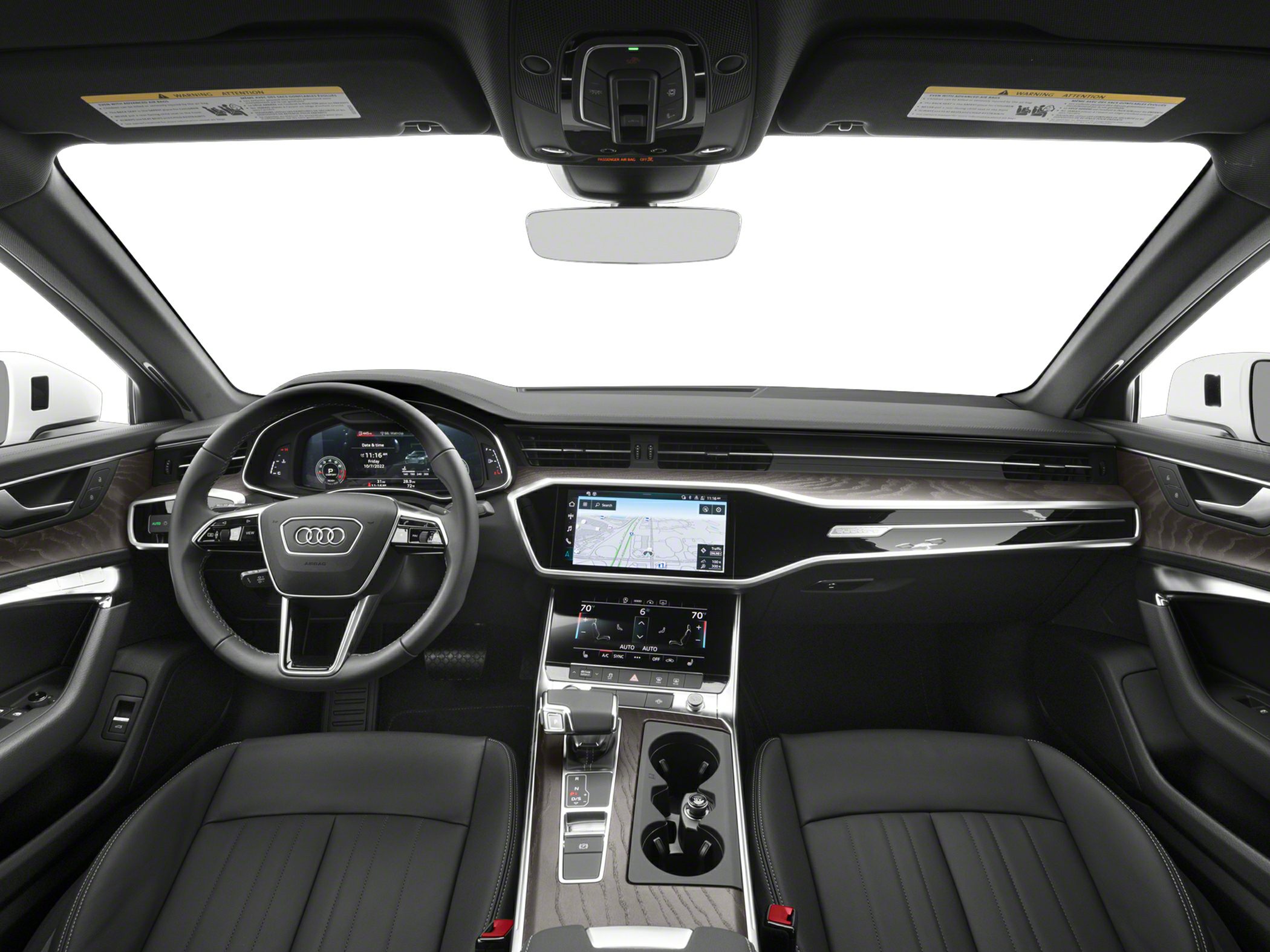 Modern dashboard with digital instrument cluster and dual touchscreen infotainment.