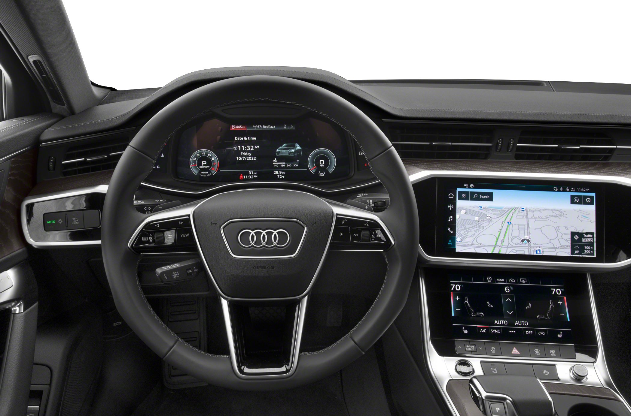 Digital cockpit with dual touchscreen infotainment and multifunction steering wheel.