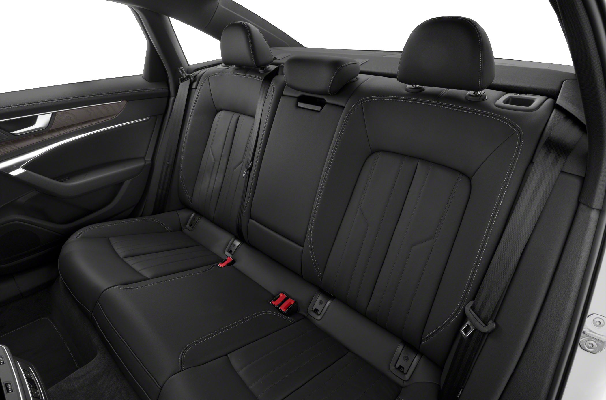 Rear black leather seats with detailed stitching and headrests