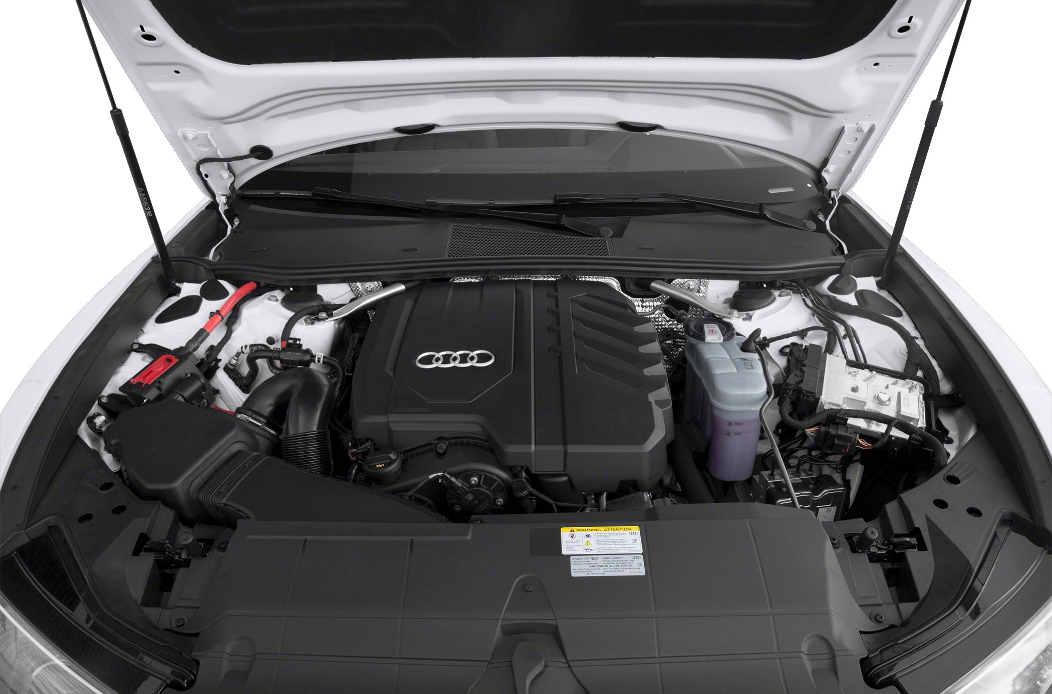 Engine bay with Audi logo on engine cover and surrounding components