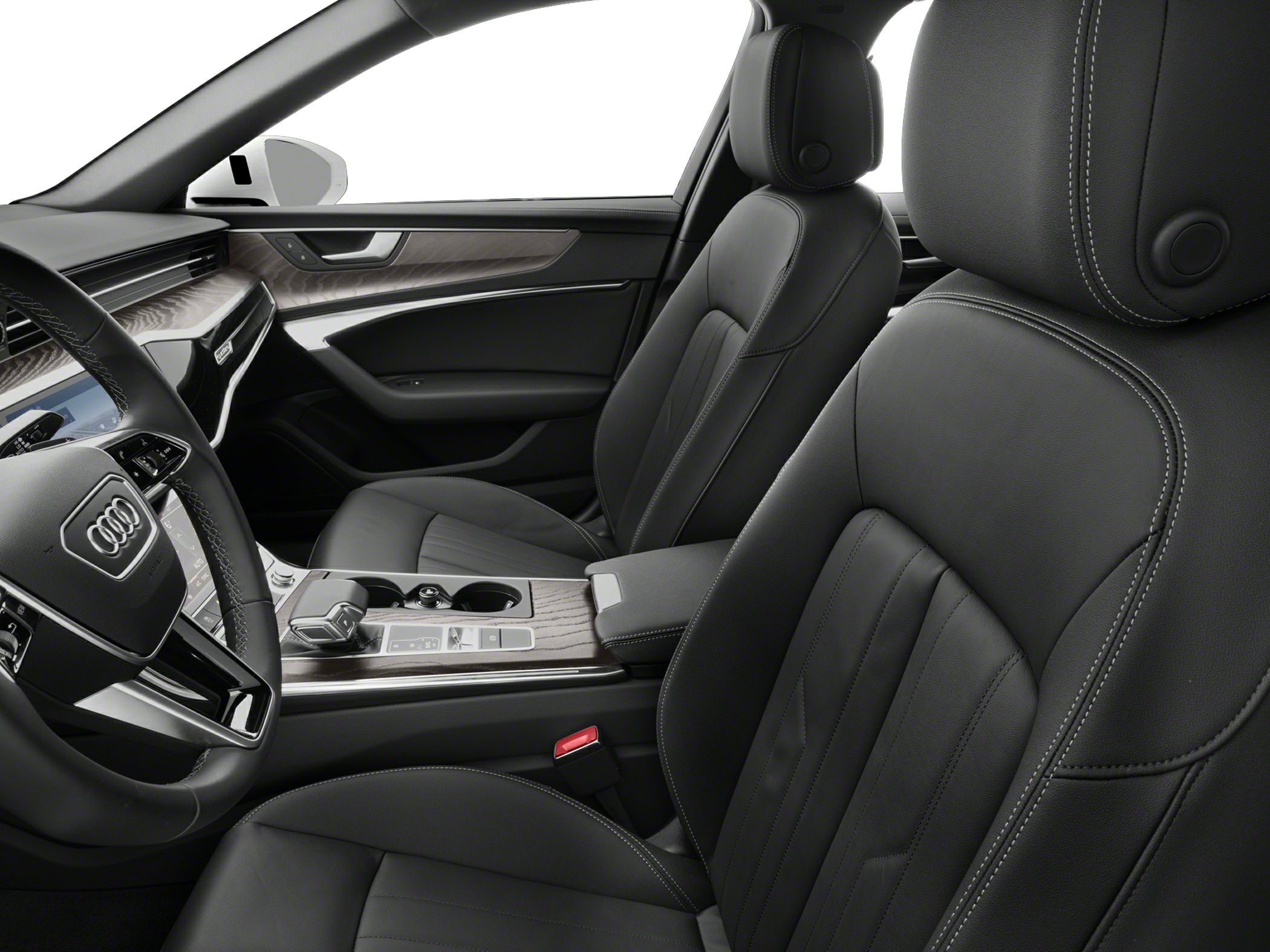 Luxurious leather front seats and detailed modern dashboard with wood trim