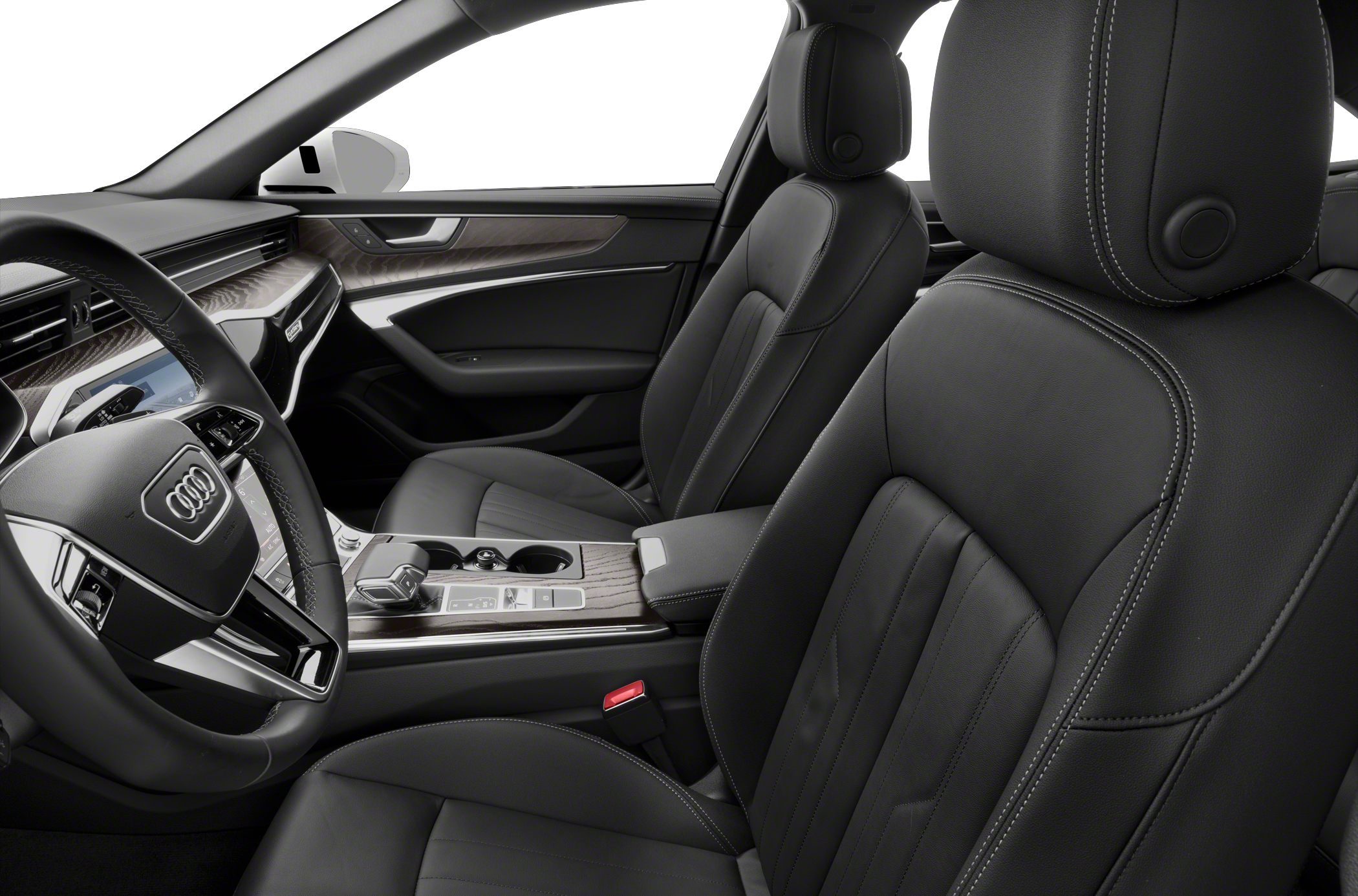 Black leather seats and wood trim interior with advanced dashboard