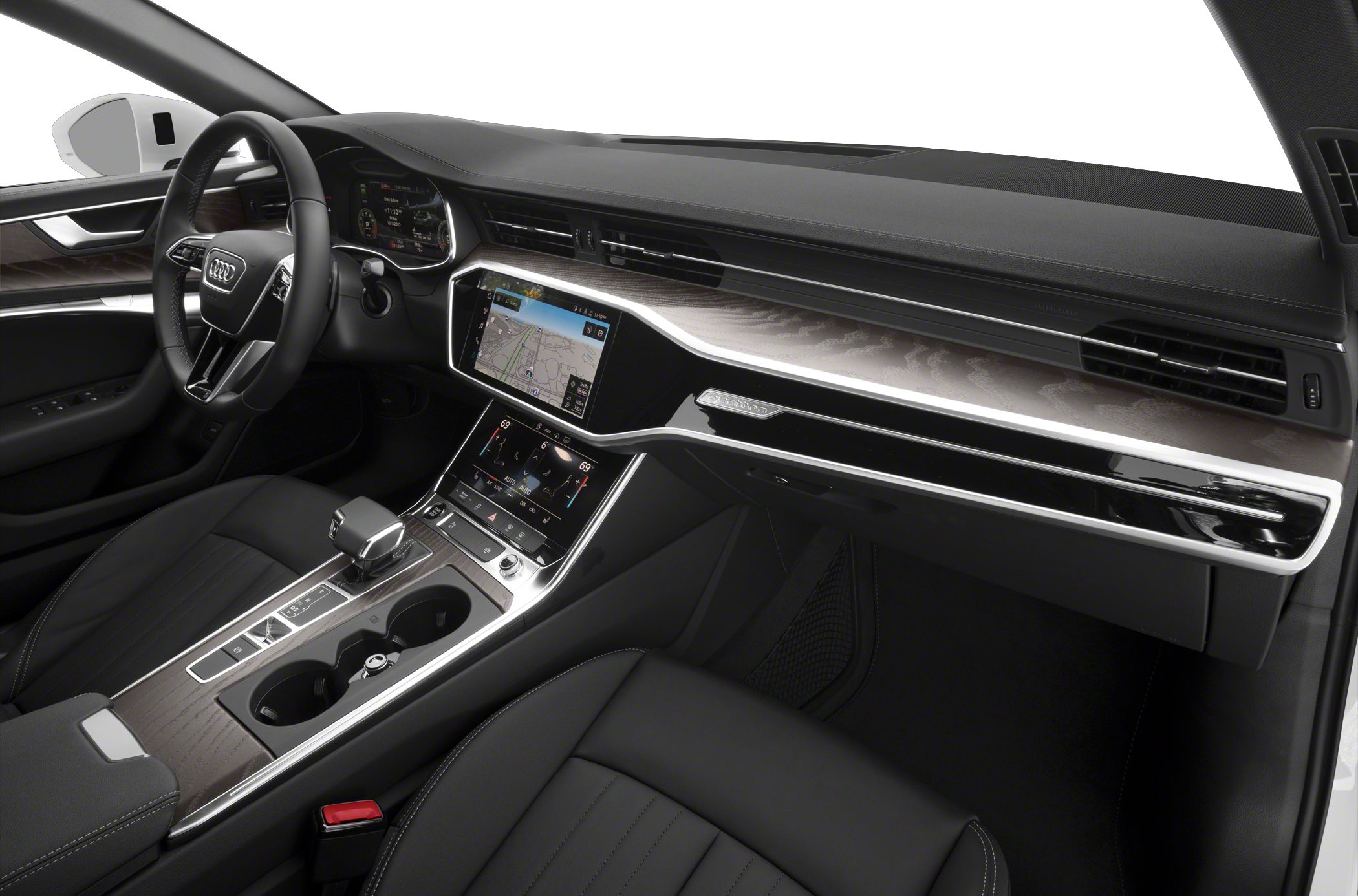 Digital dashboard with dual touchscreens and wood trim