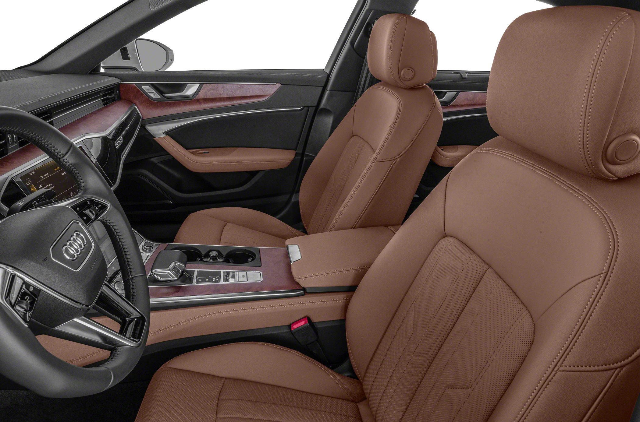 Brown leather seats with wood trim dashboard and center console