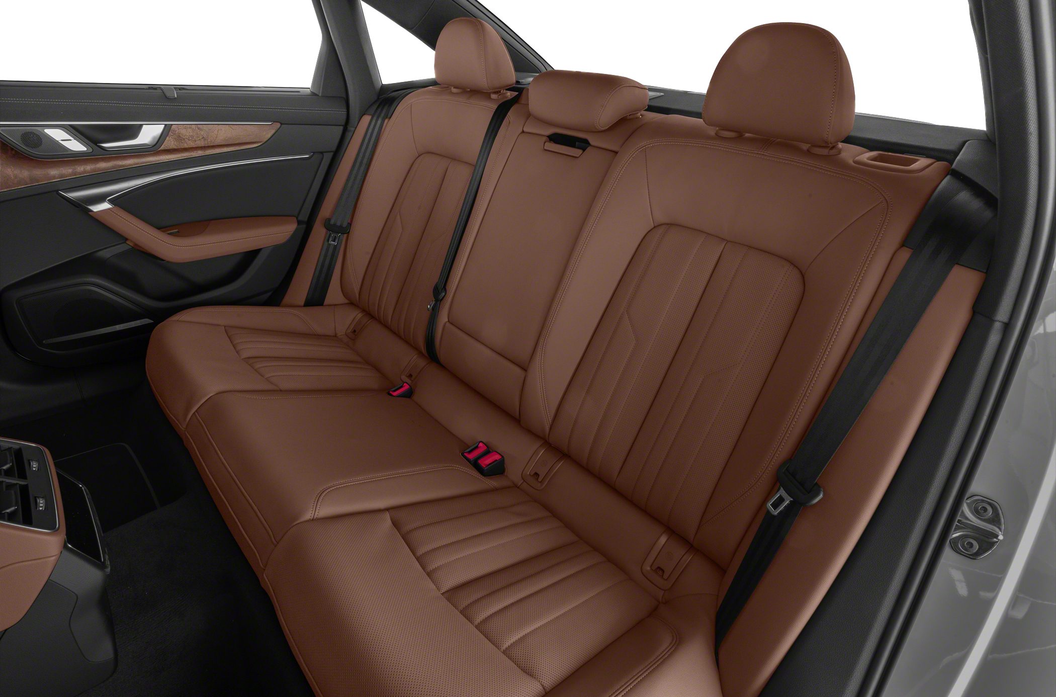 Brown leather rear seats with stitching and headrests