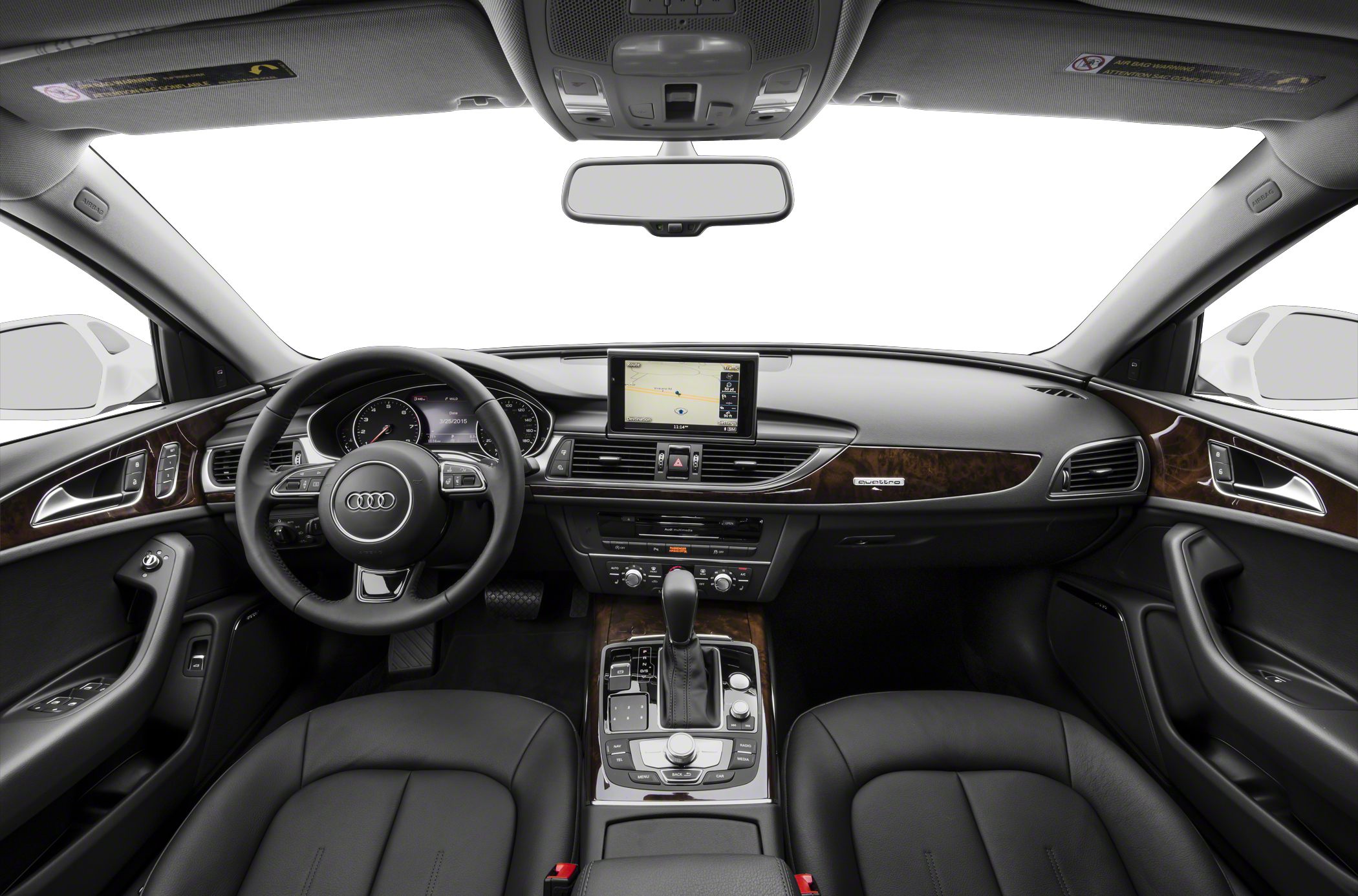 Luxury interior with leather seats, wood trim, and navigation display