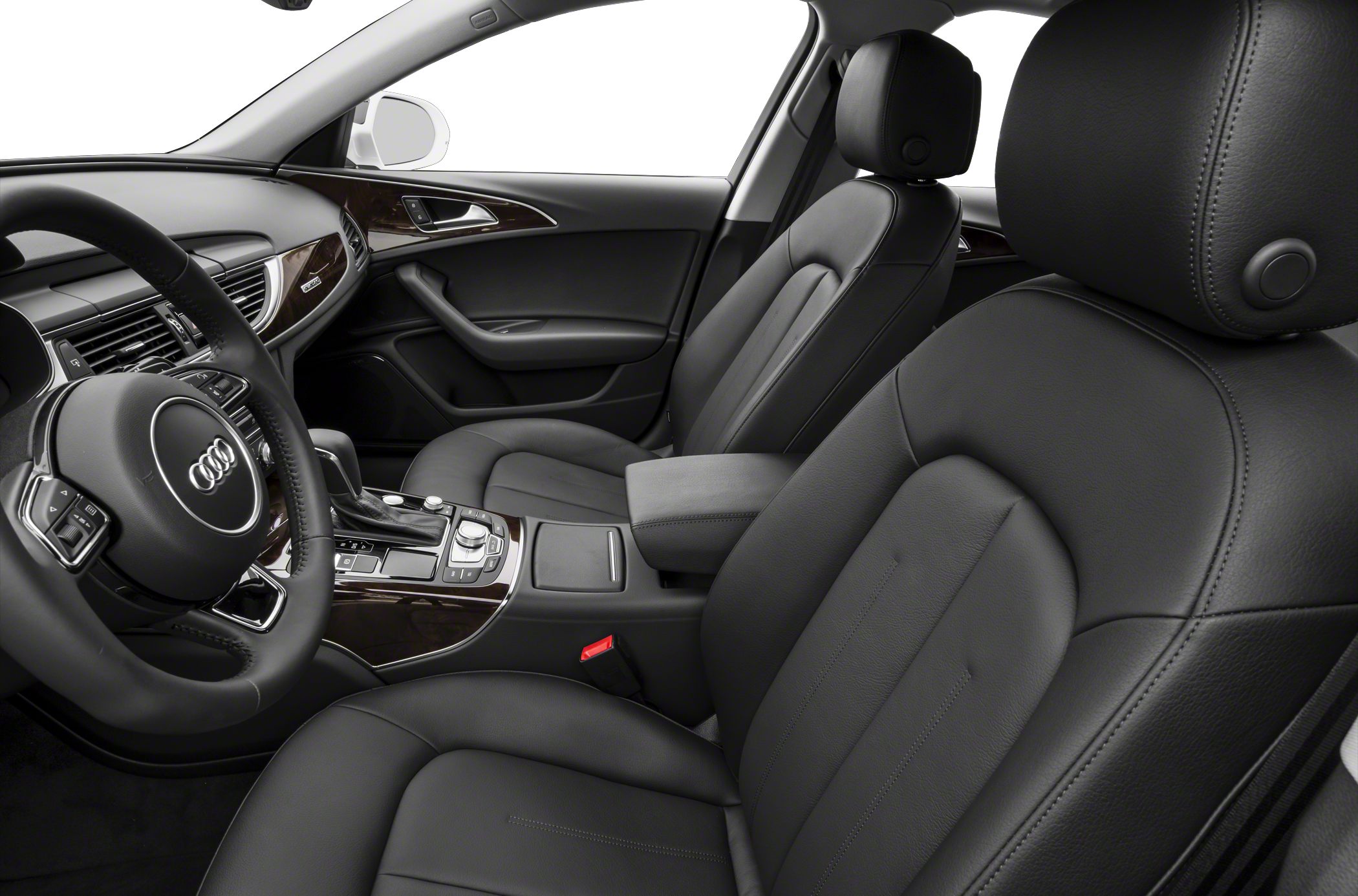 Luxurious black leather front seats and detailed dashboard interior