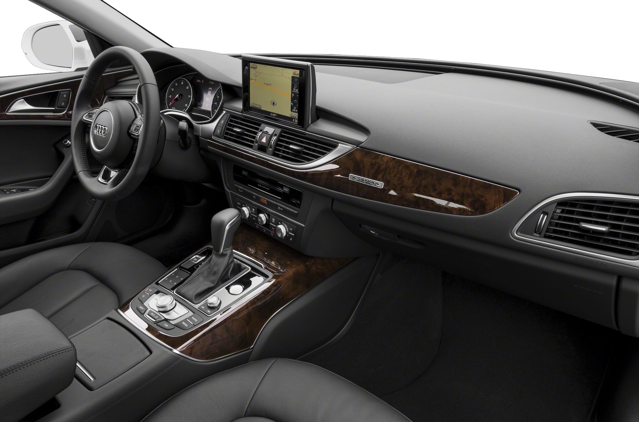 Luxury car interior with wood trim and infotainment screen