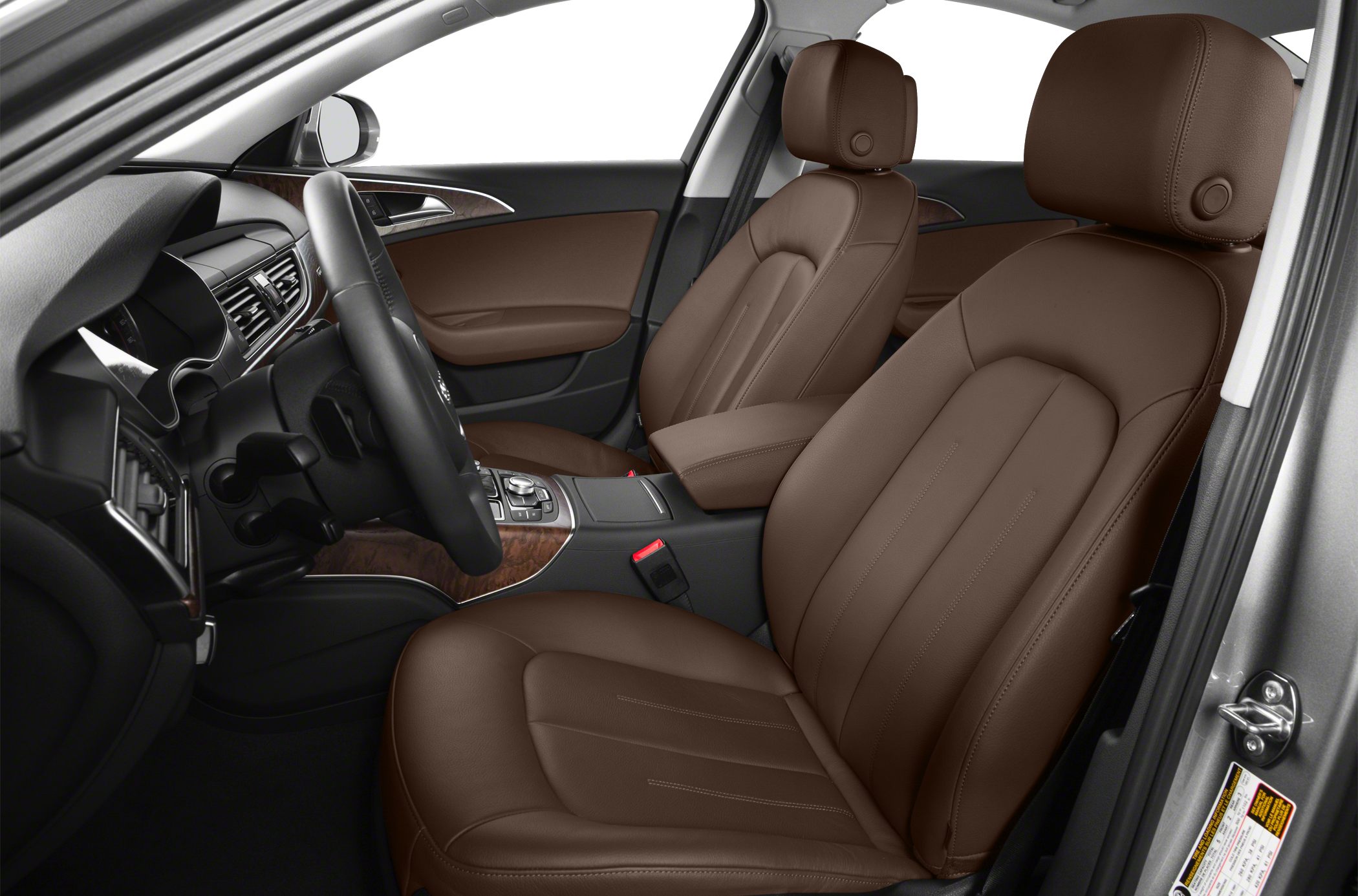 Luxury brown leather front seats with wood trim interior