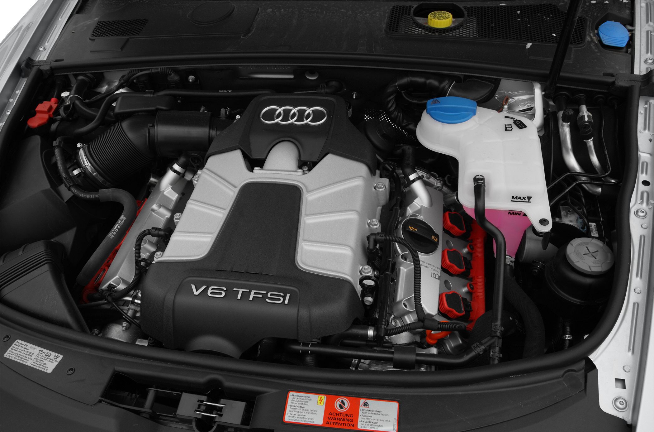 V6 TFSI engine bay with visible components and fluid reservoirs