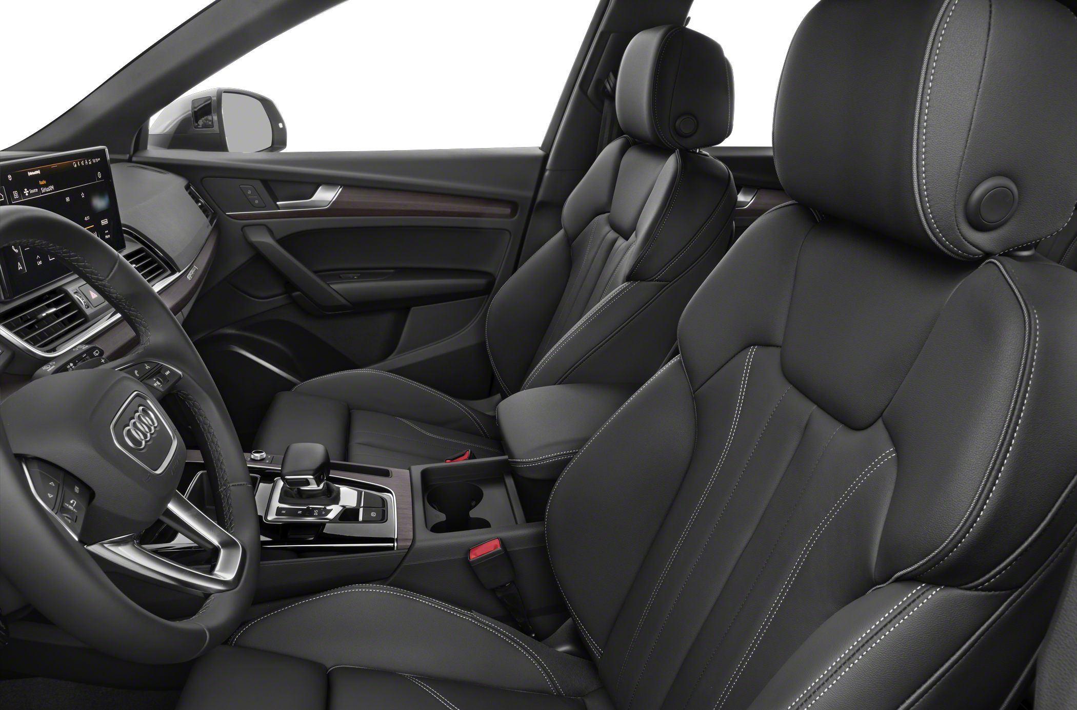 Black leather front seats with contrast stitching and modern center console