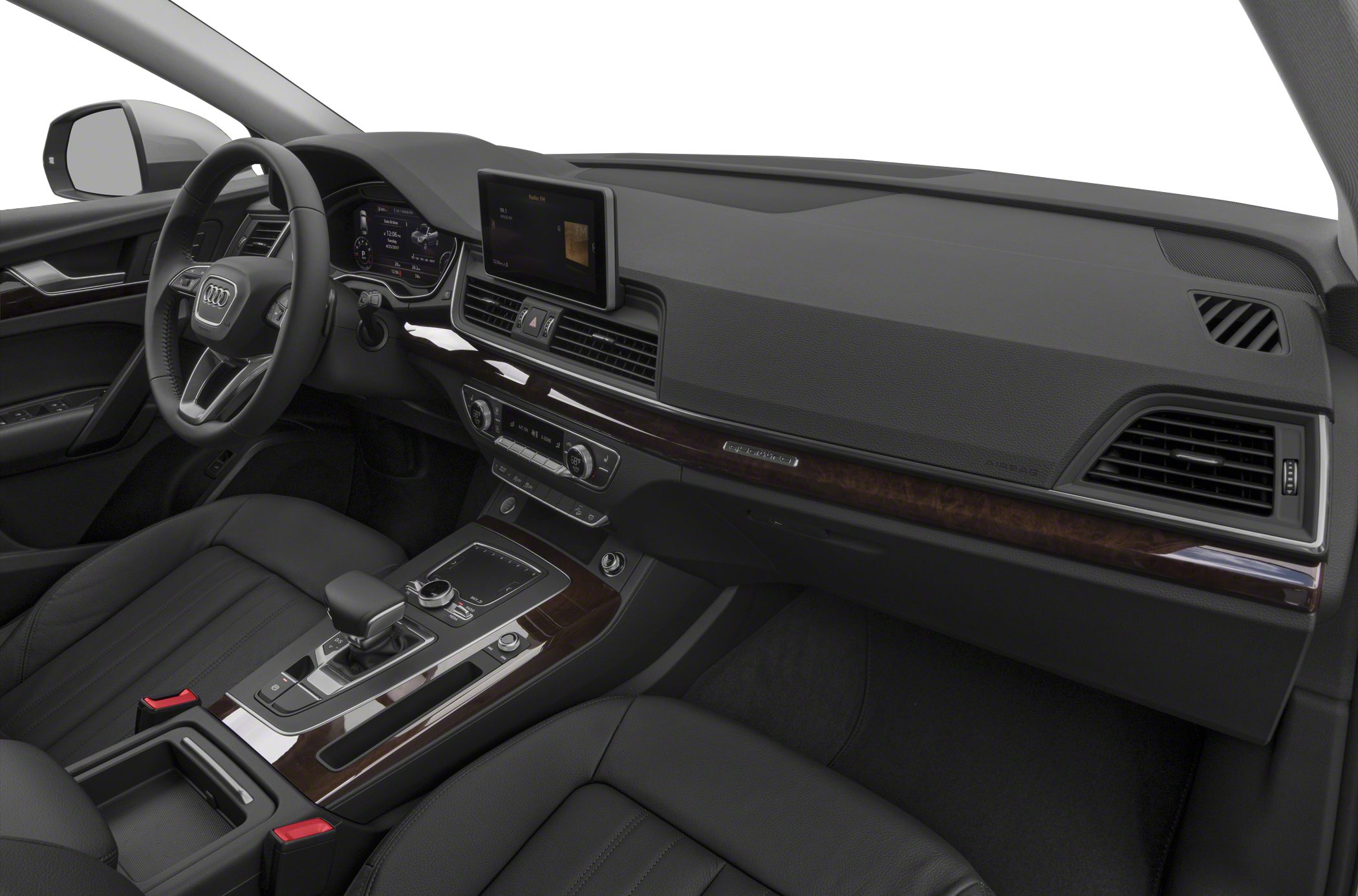Dashboard, infotainment screen, and center console with gear selector and steering wheel