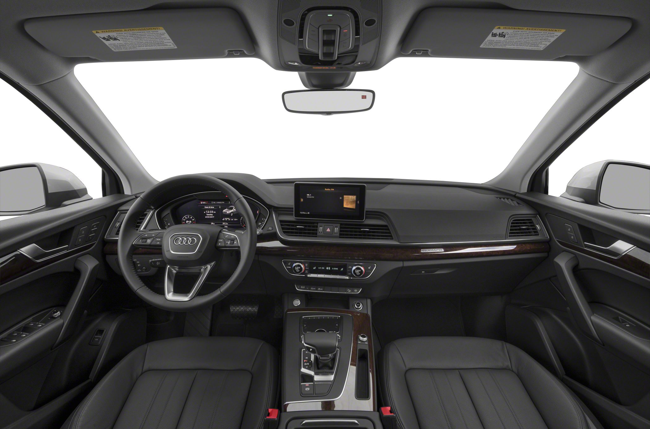 Dashboard and steering wheel with infotainment and climate controls
