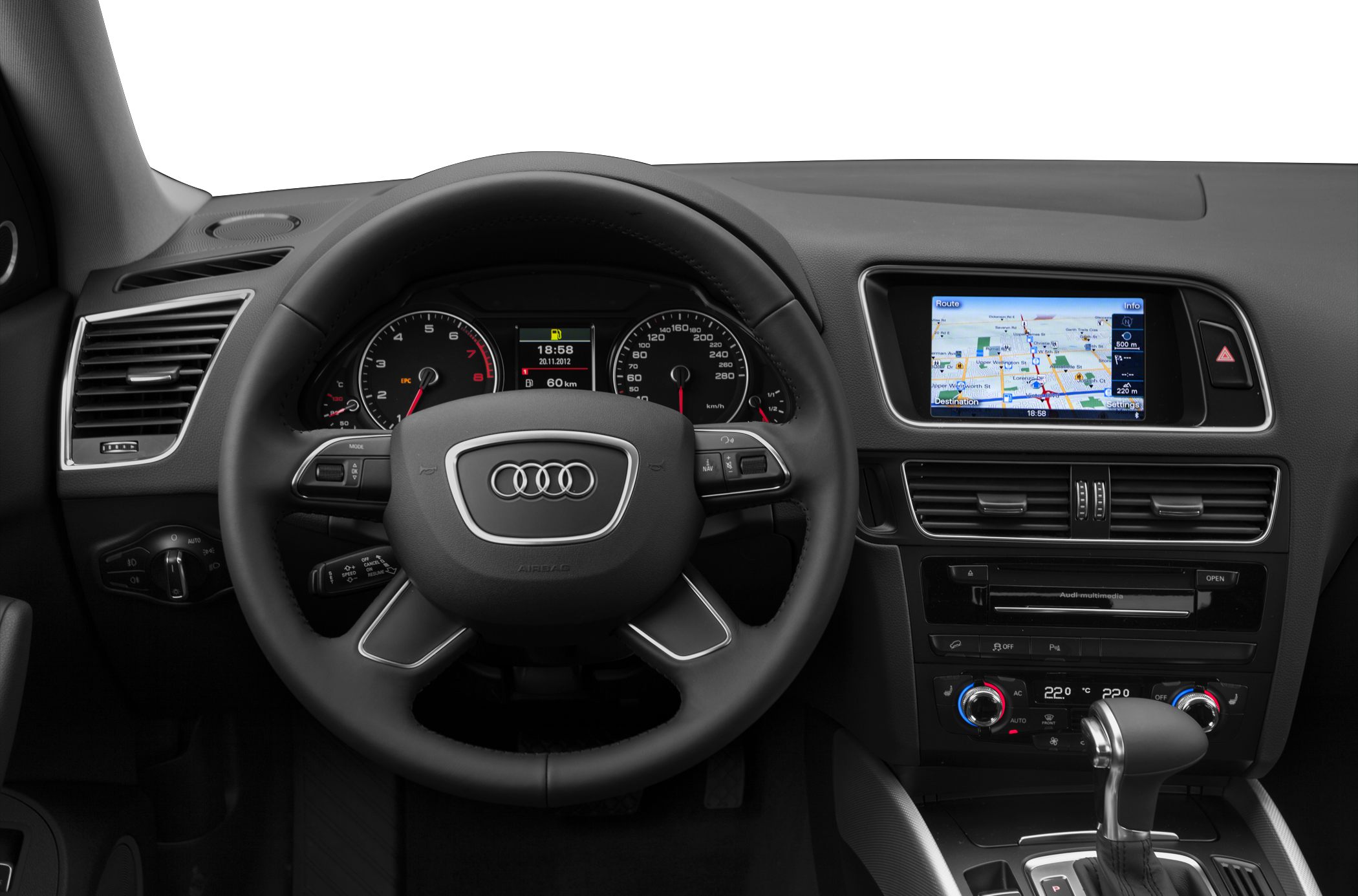 Steering wheel with Audi logo, instrument cluster, multimedia navigation screen