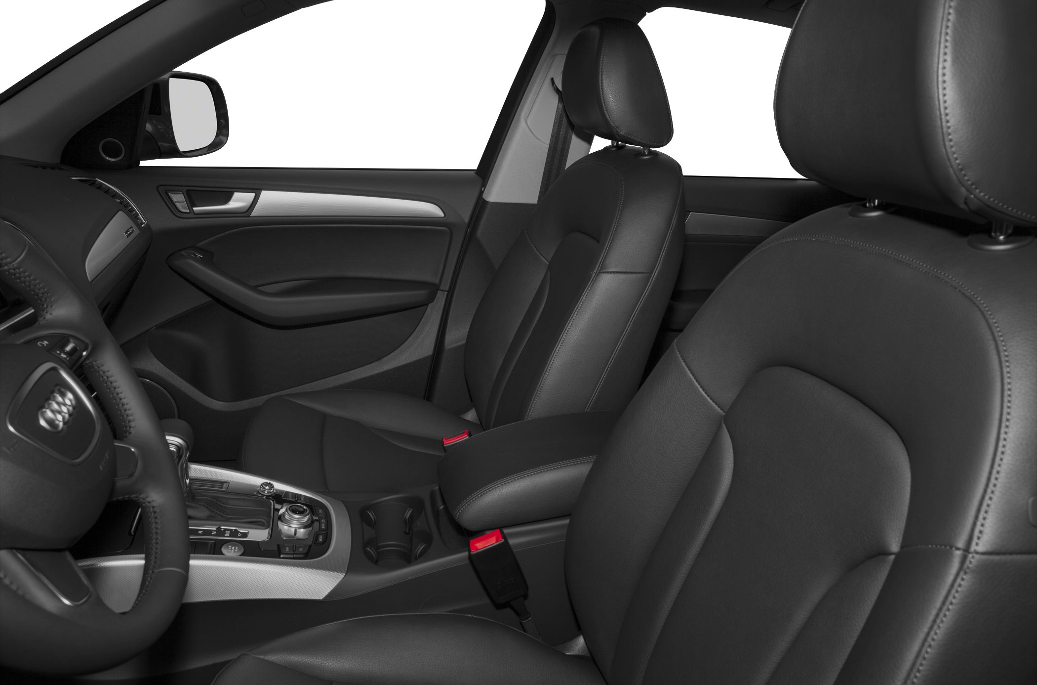 Front interior with black leather seats and dashboard console