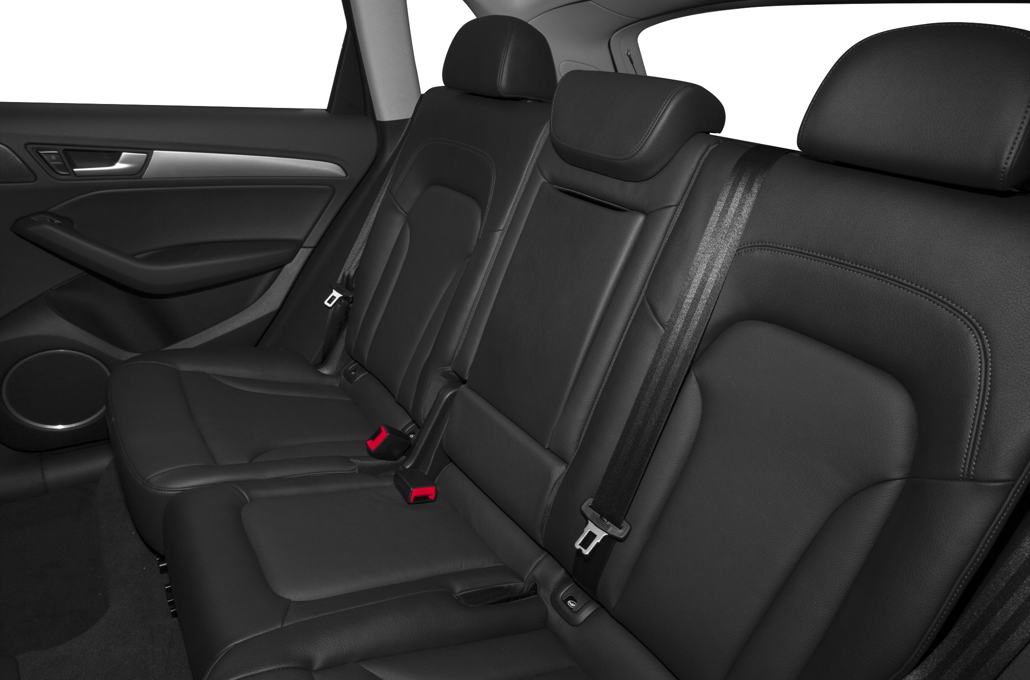 Black leather rear seats with seat belts and detailed stitching