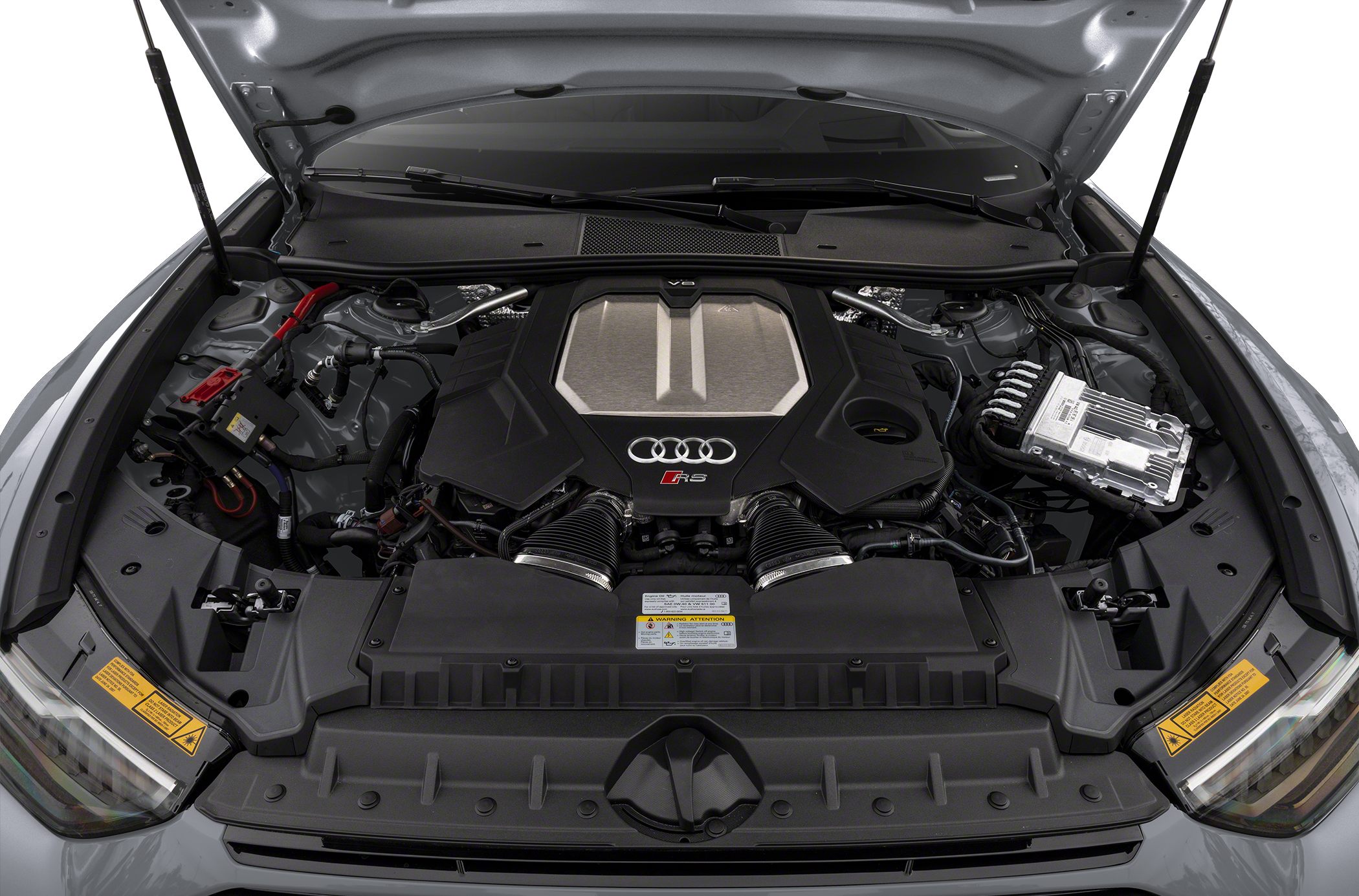 Audi RS 6 Avant V8 engine bay with engine cover and mechanical components