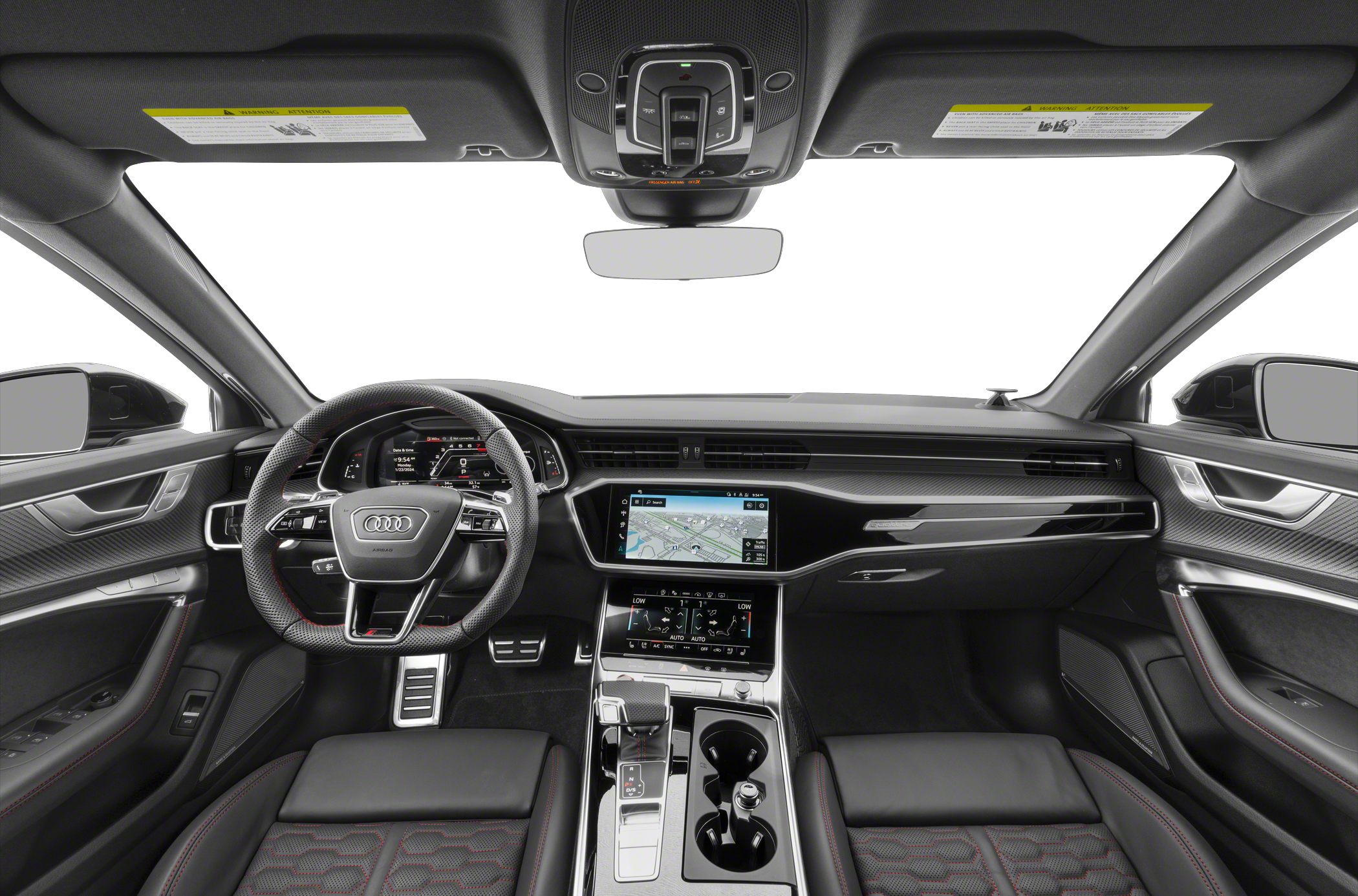 Dual digital touchscreens and sport-style multifunction steering wheel in modern car interior