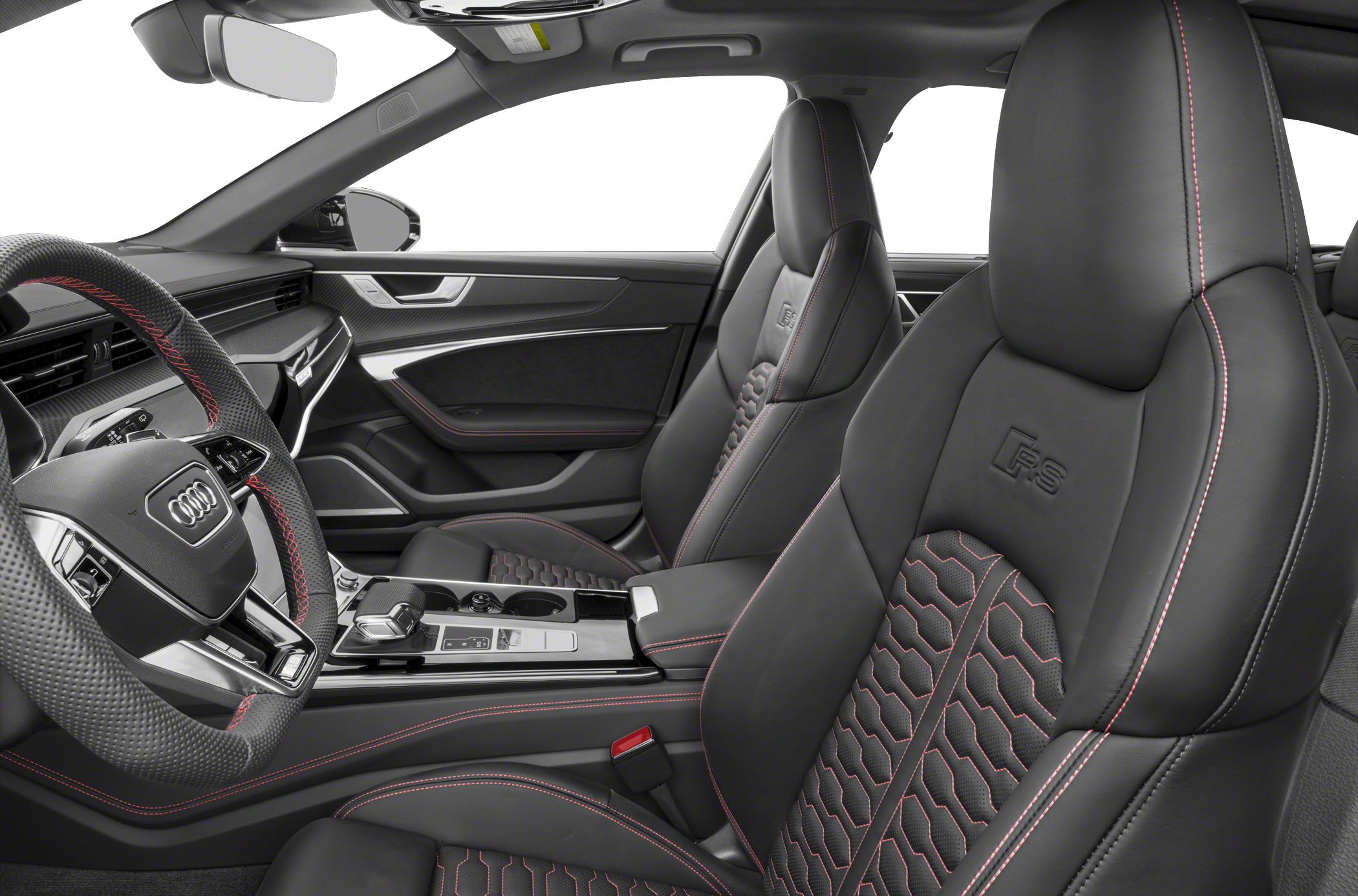 Black leather sport seats with red stitching and RS embossing, modern cockpit interior