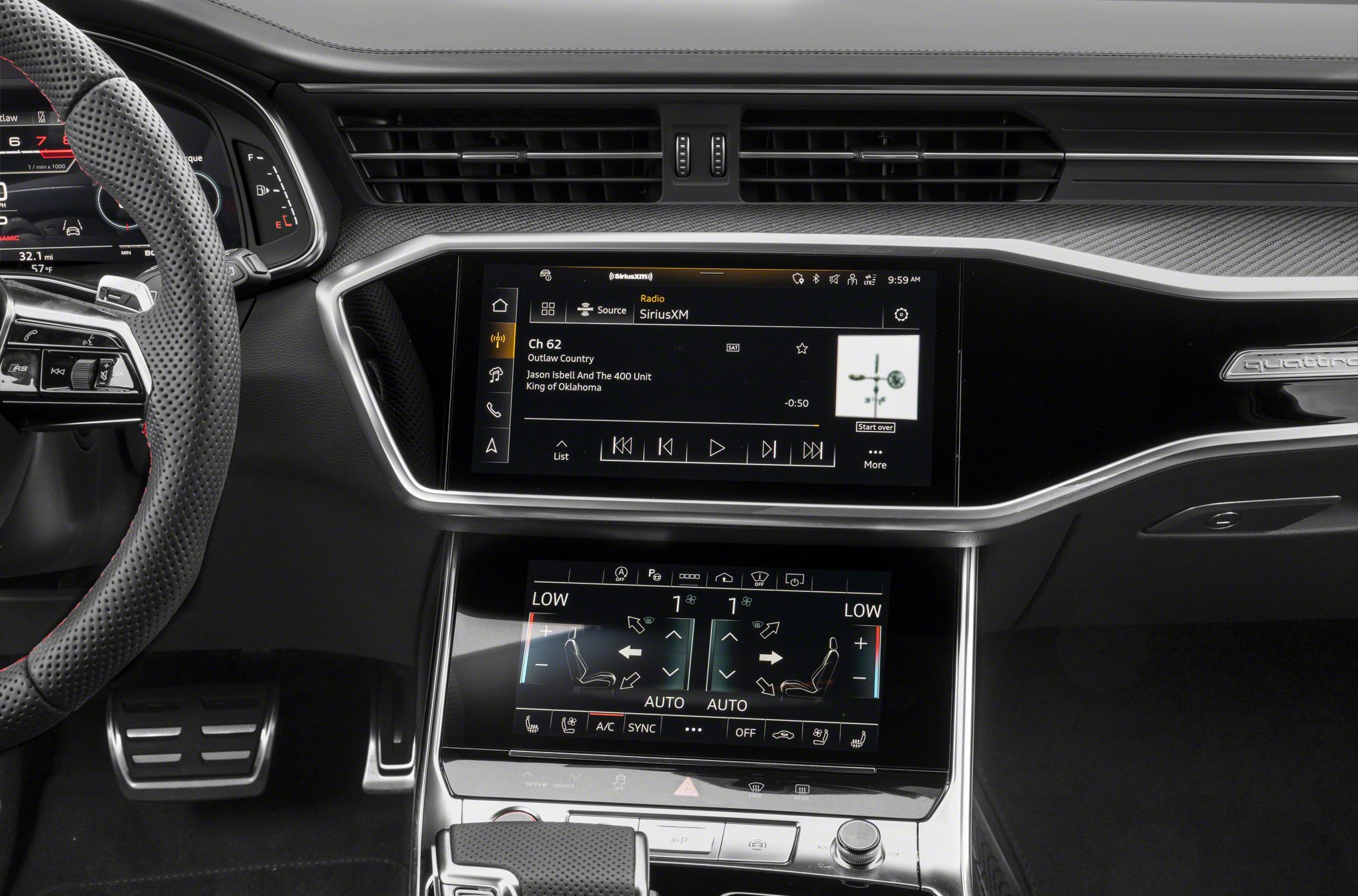 Dual touchscreen dashboard with digital climate control and infotainment system
