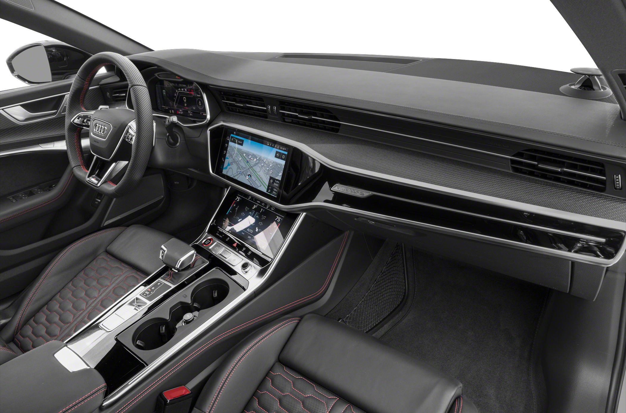 Digital dashboard, dual touchscreen center console, sporty steering wheel interior