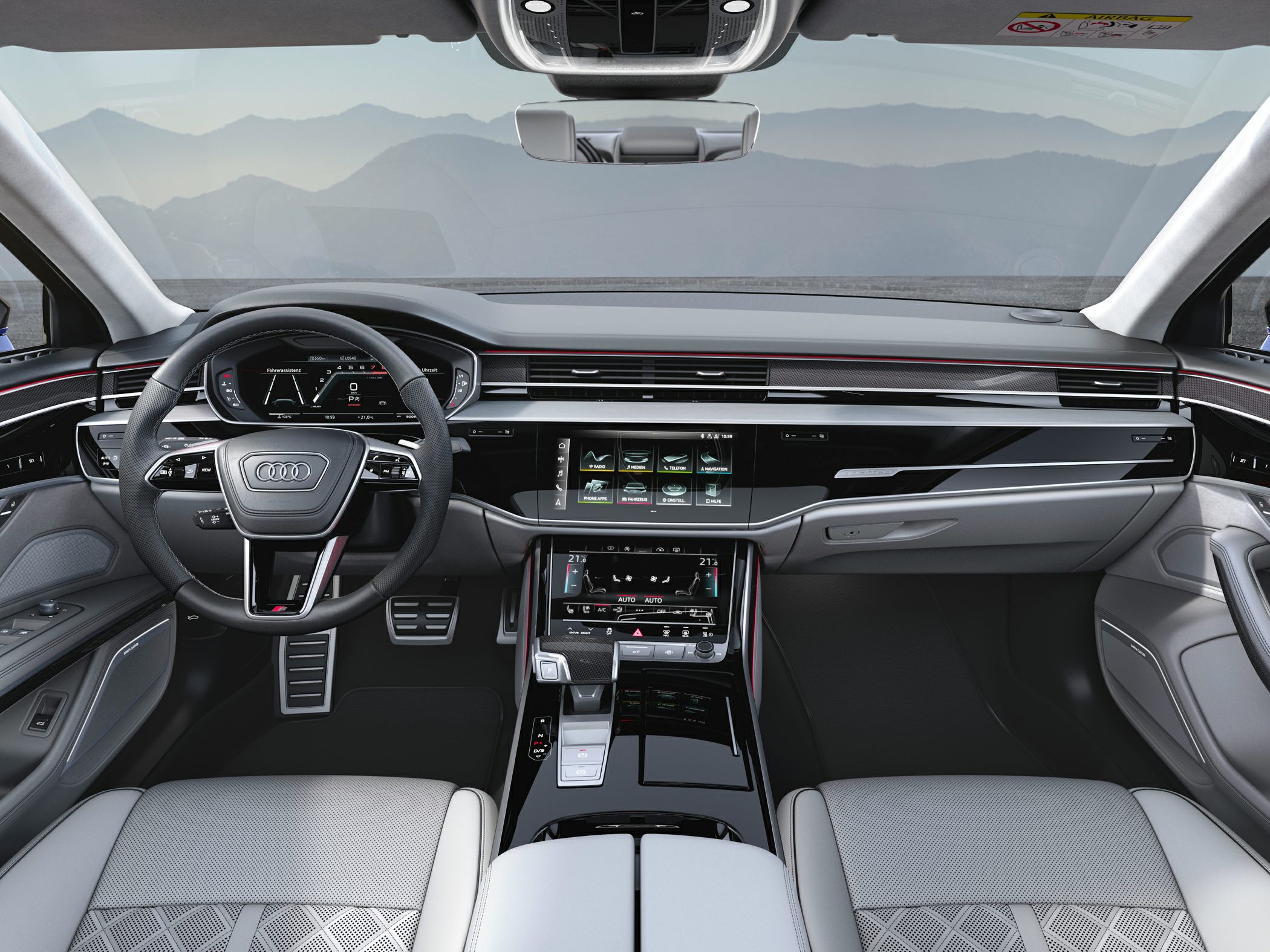 Digital dashboard and luxury interior with steering wheel and touchscreen controls