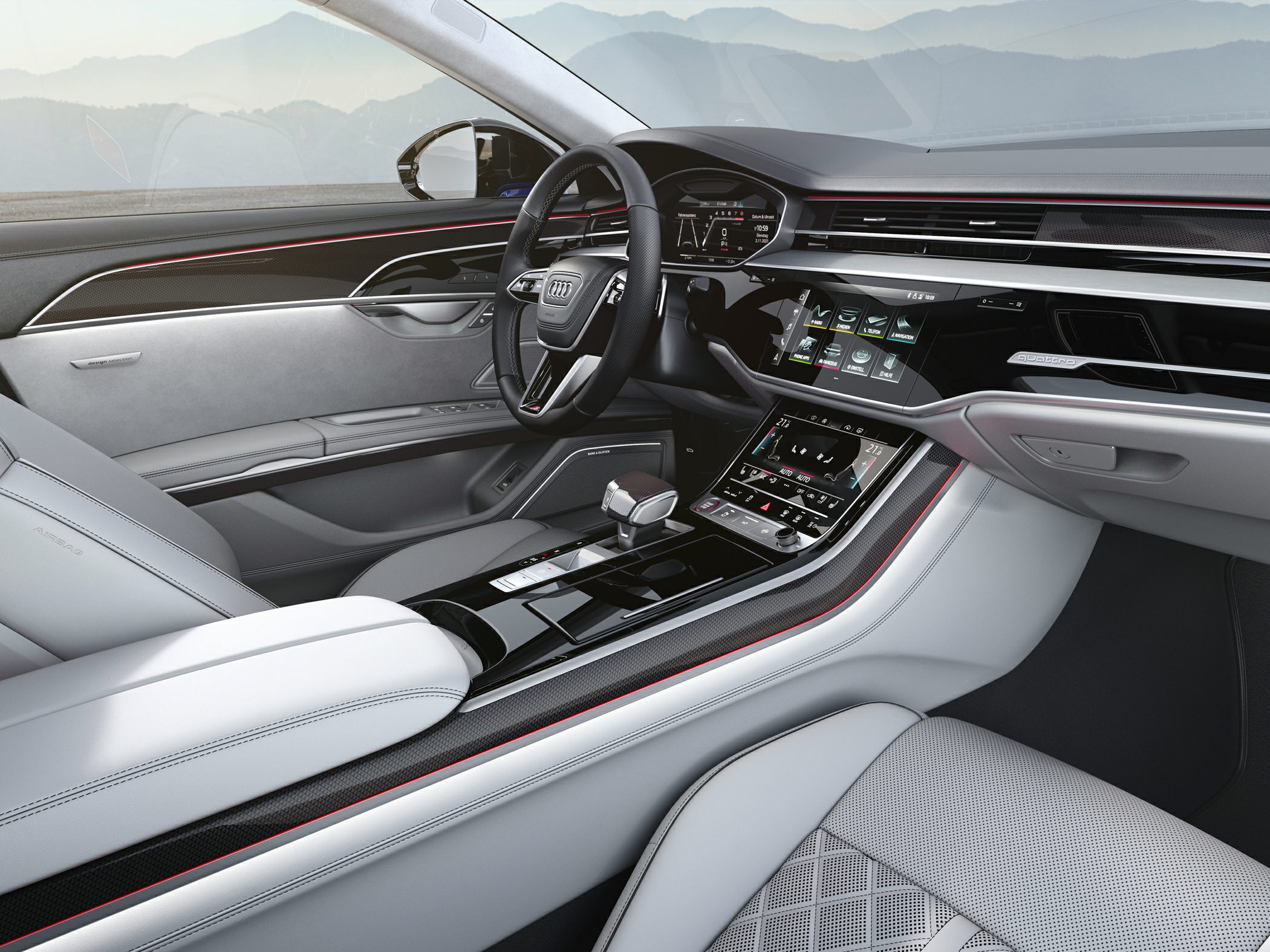 Luxury car interior with digital cockpit and dual touchscreen system