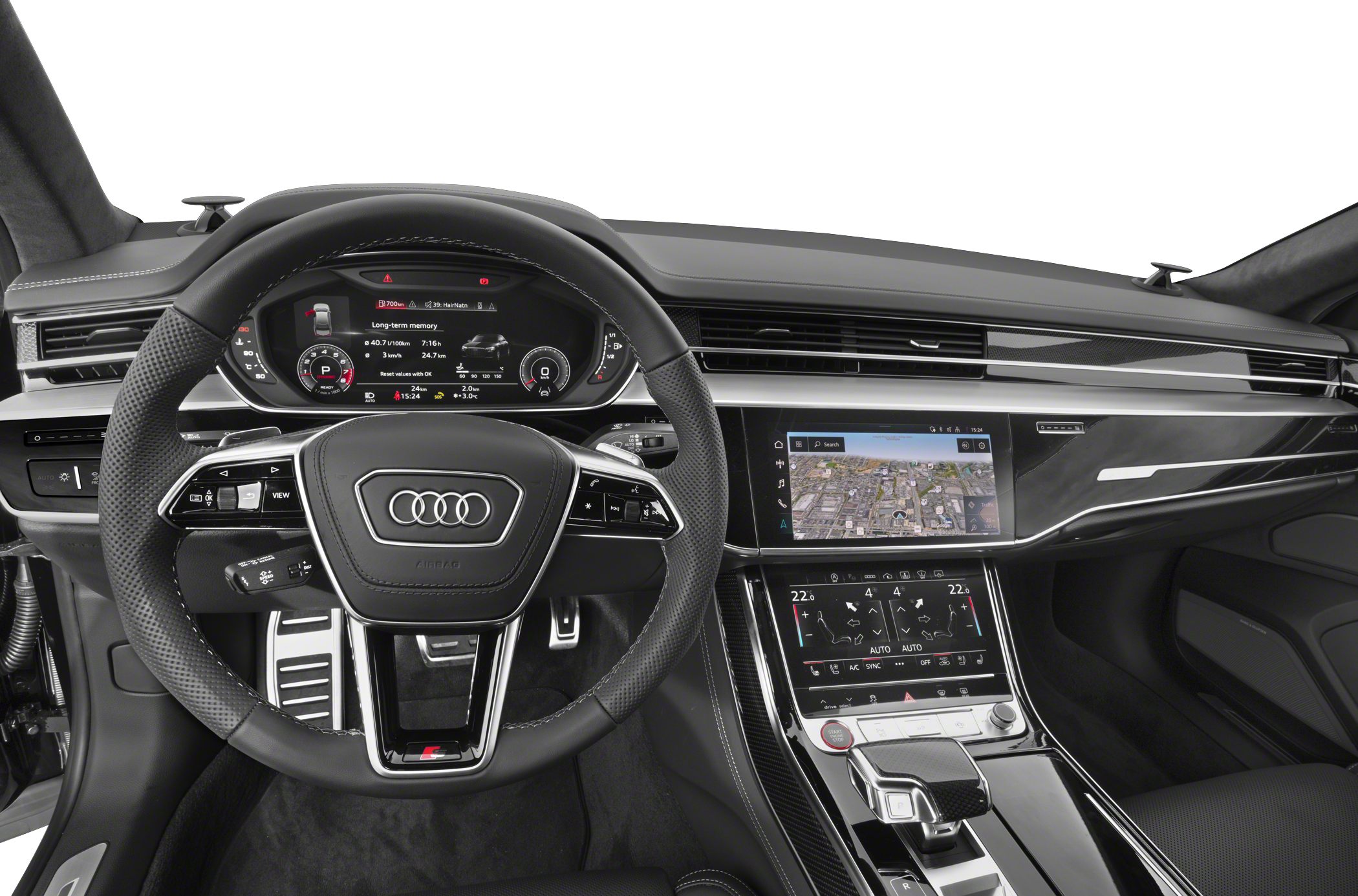 Digital dashboard, multifunction steering wheel, dual touchscreen center console