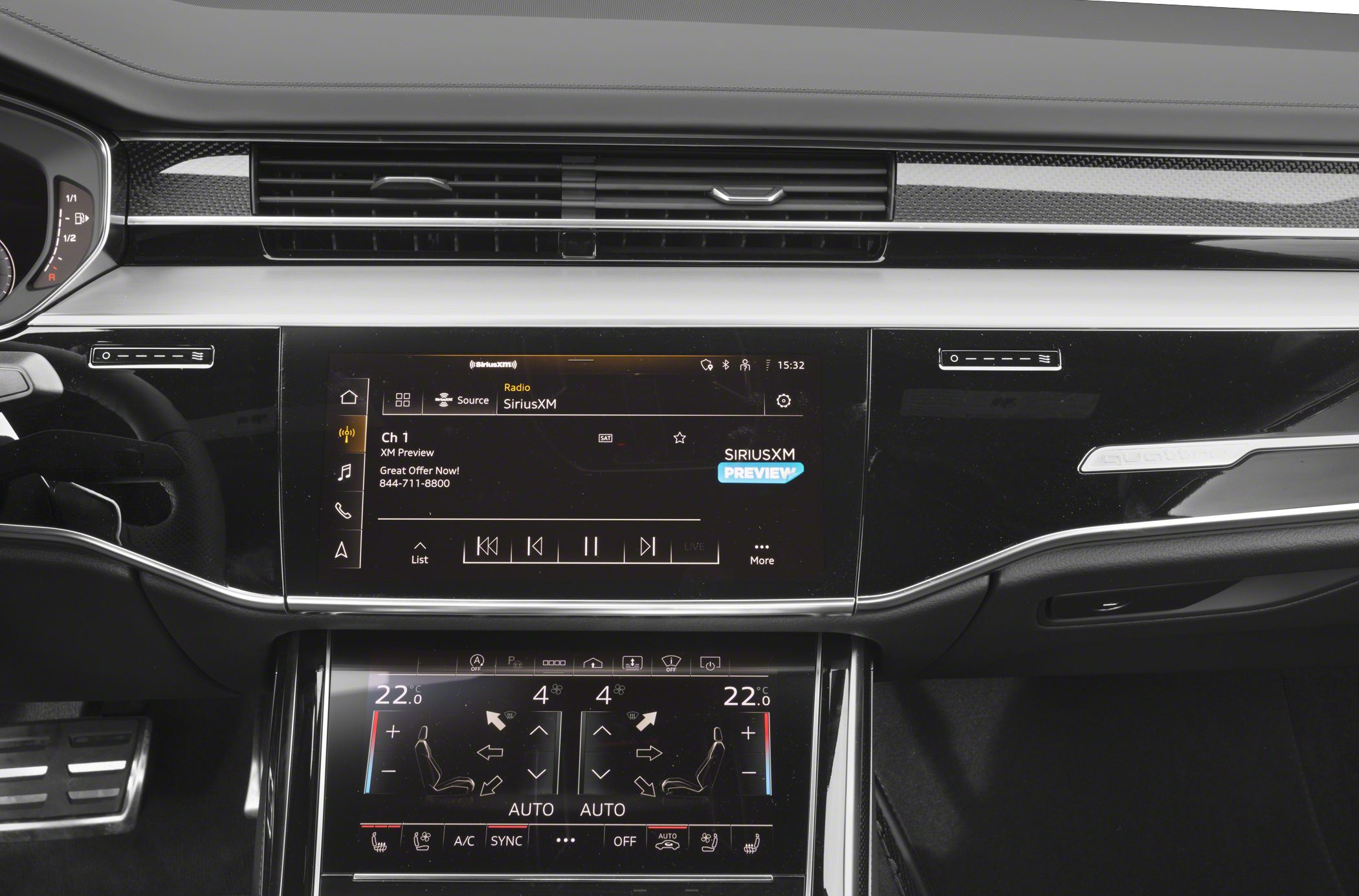 Dual touchscreen infotainment and climate control with digital dashboard and air vents