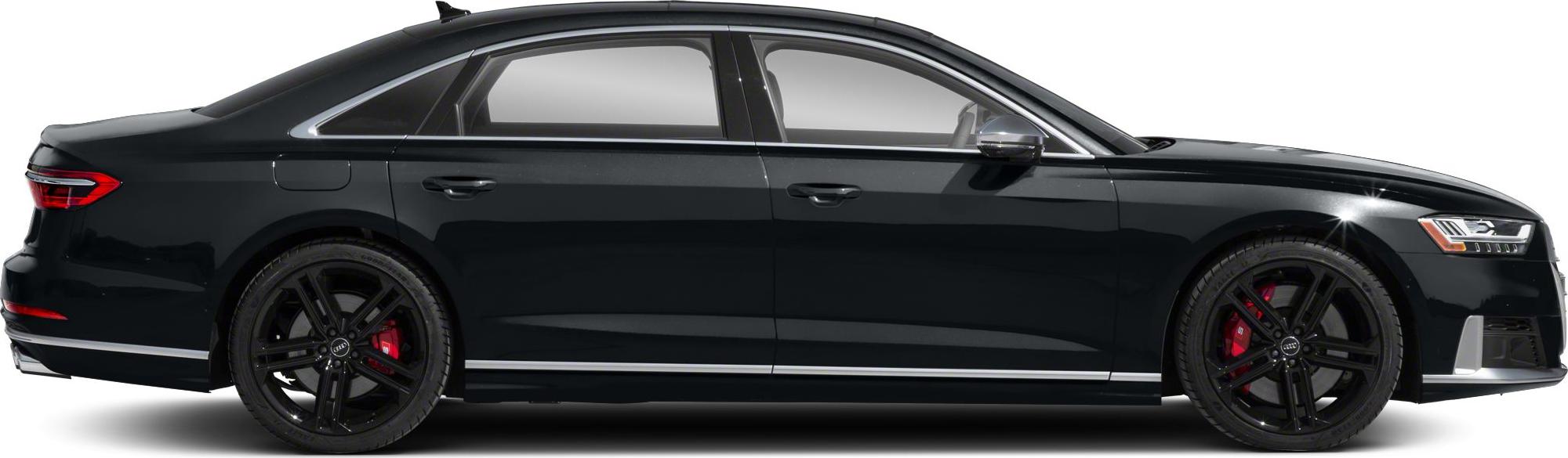 Side profile with black multi-spoke wheels, red brake calipers, and sedan silhouette