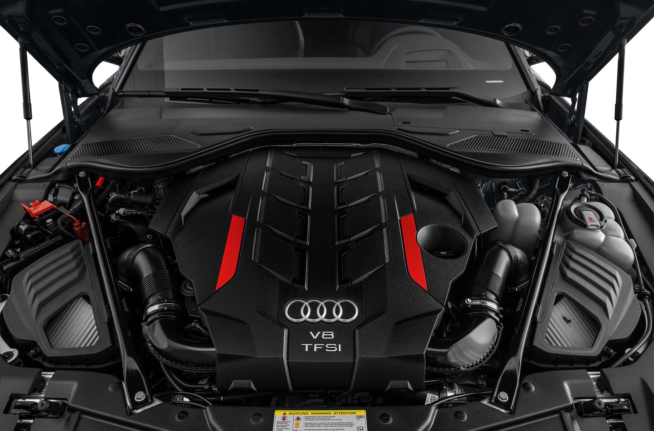 Audi V8 TFSI engine cover with red accents in engine bay
