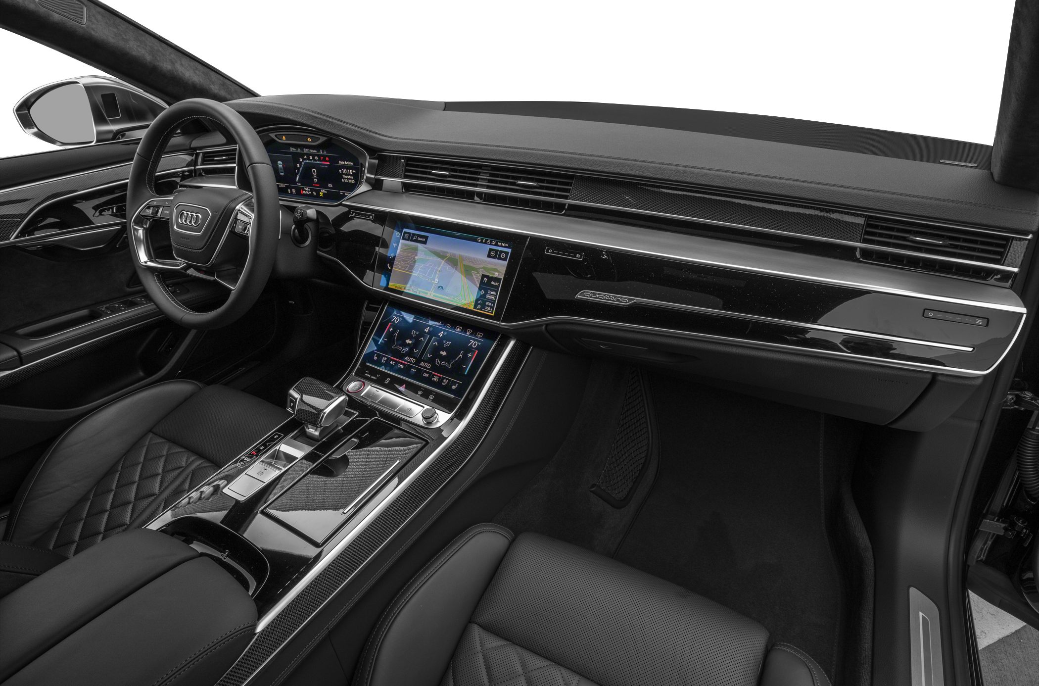 Digital instrument cluster and dual touchscreen displays in luxury car interior
