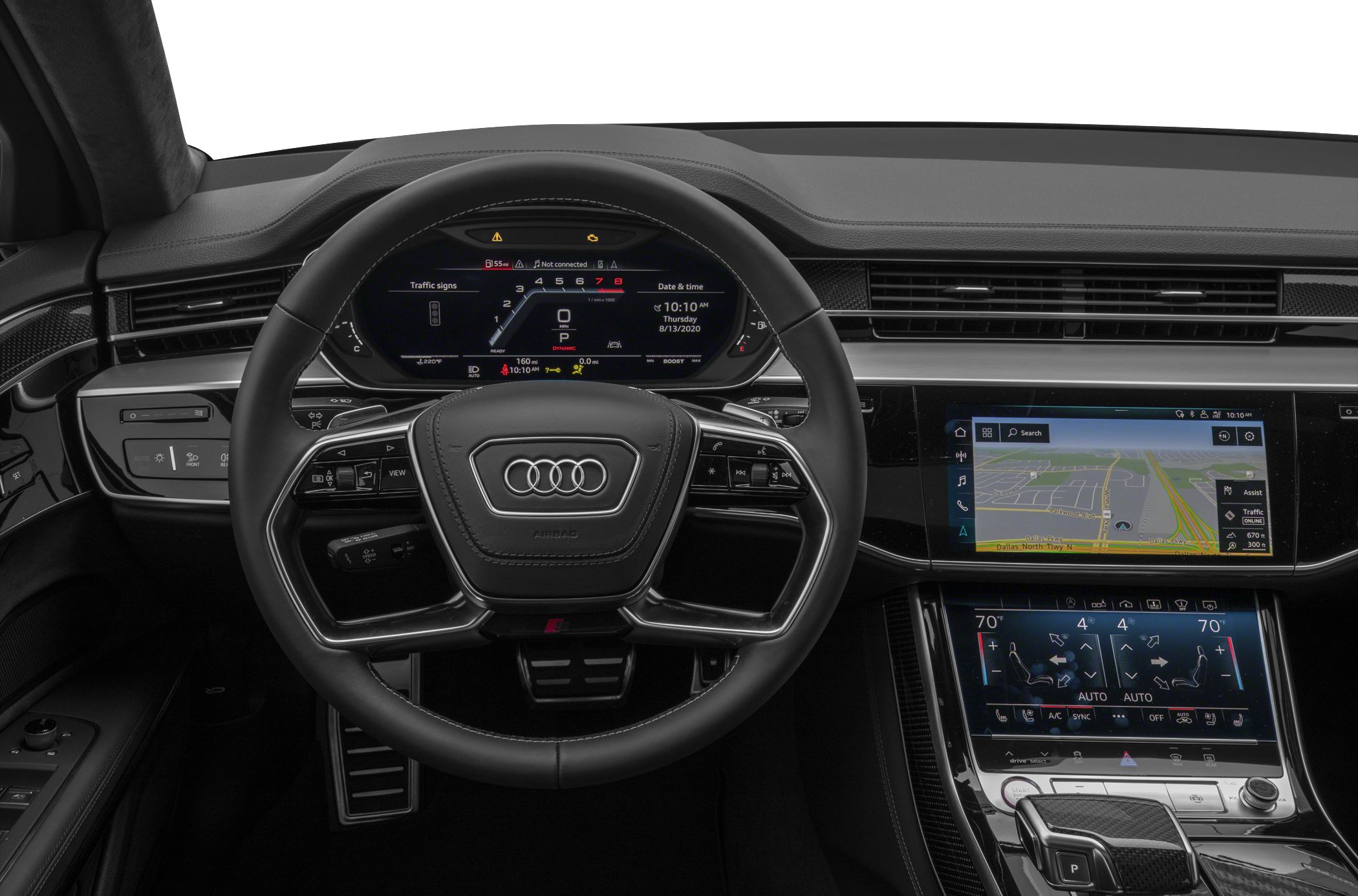 Luxury car interior with digital instrument cluster and dual touchscreens