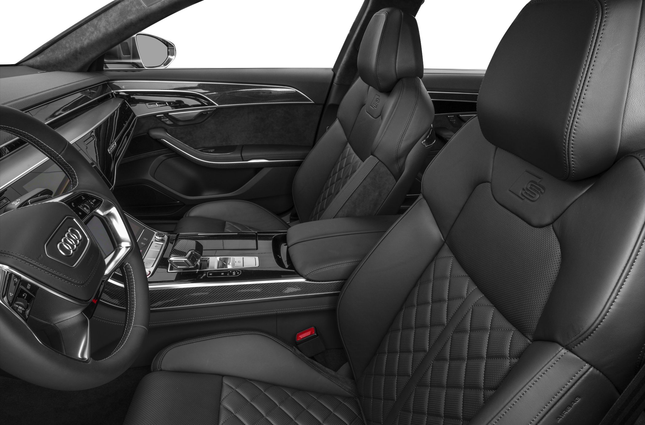 Luxurious black quilted leather seats and sleek dashboard with carbon fiber accents.